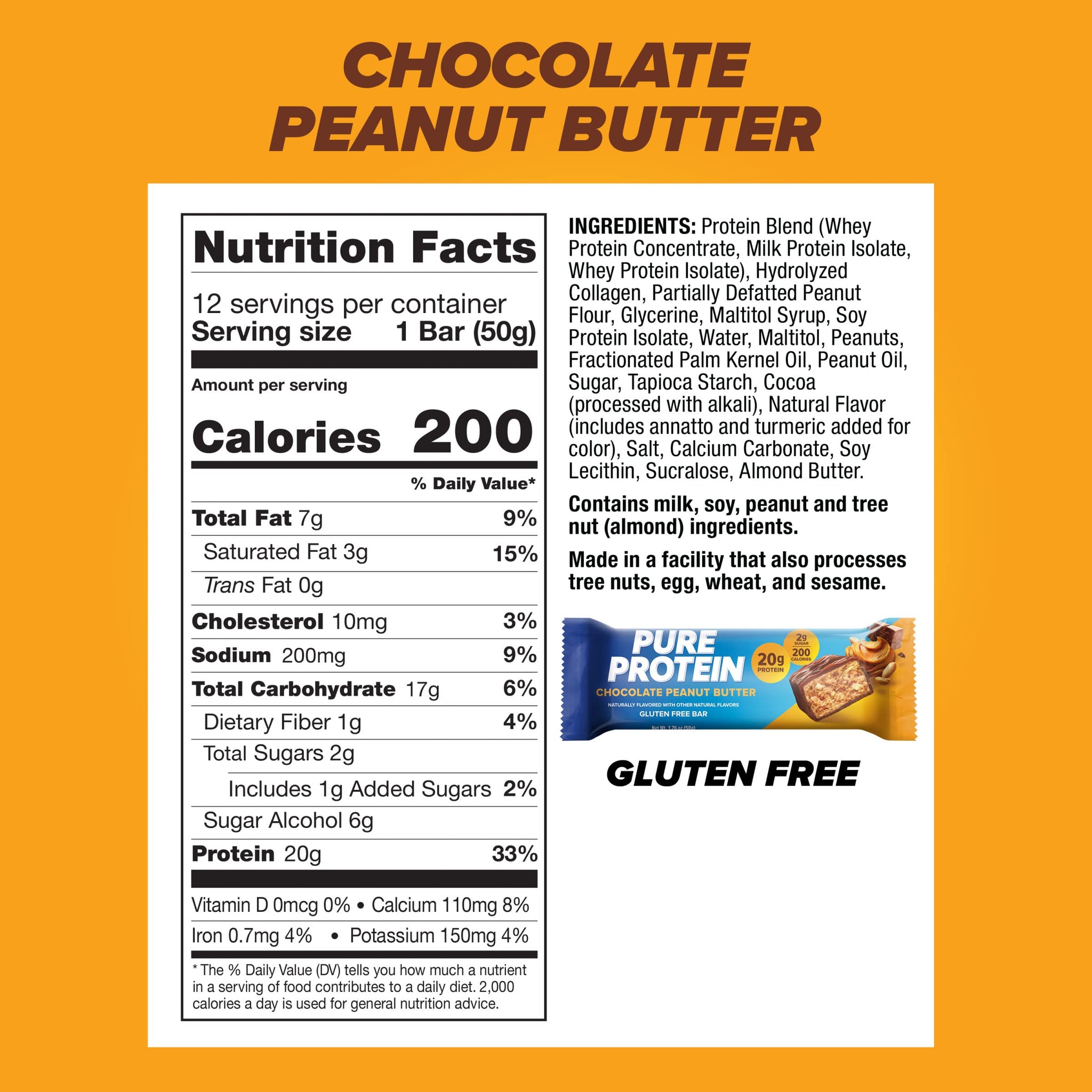 Pure Protein Chocolate Peanut Butter Protein Bars - 20g Protein, 3g Sugar, 190 Calories (12 count) Low Sugar* High Protein Snack - Gluten Free