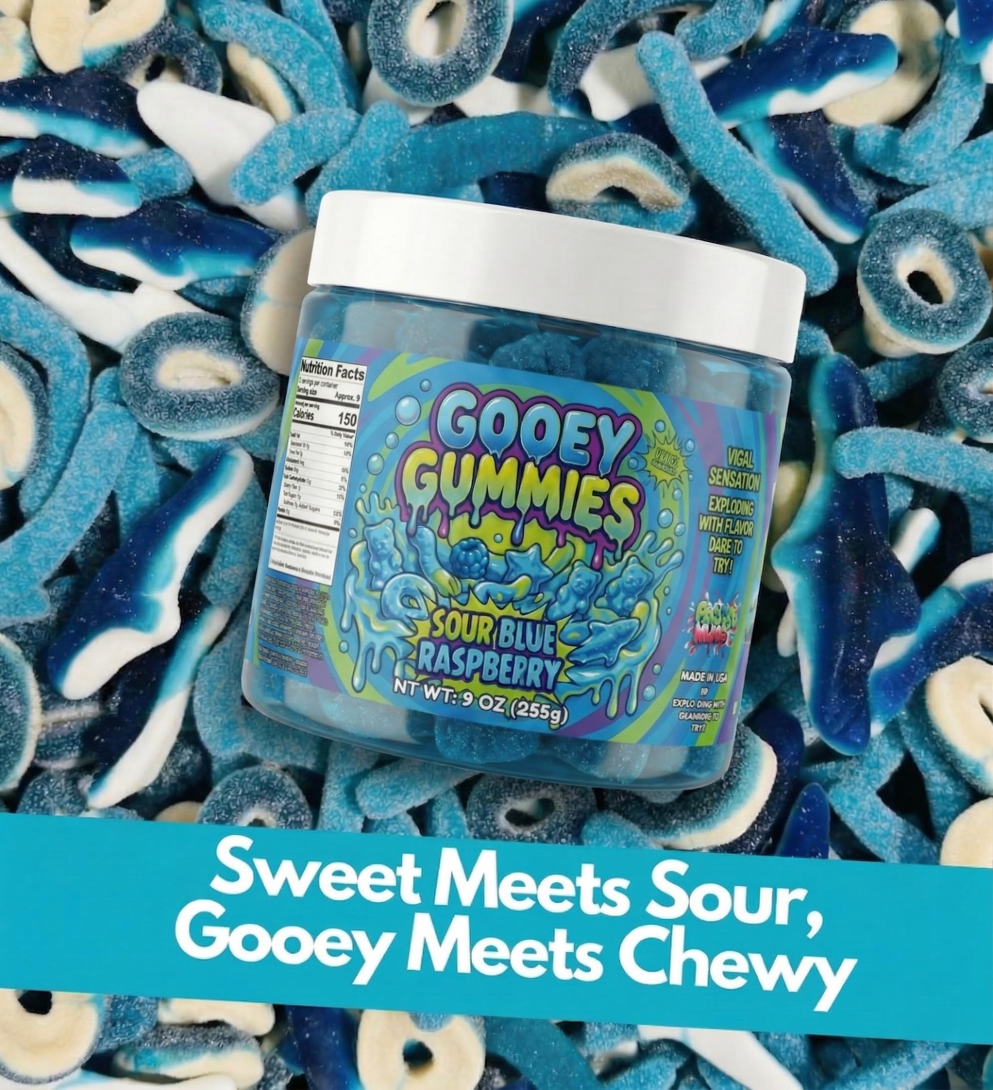 Sour Gooey Ultimate Mix Gummies, Sour Blue Raspberry Gummy Candy Mix, Ooze Sticky Gummies, Liquid Chewy Sweet Treat Resealable Container [Choose the