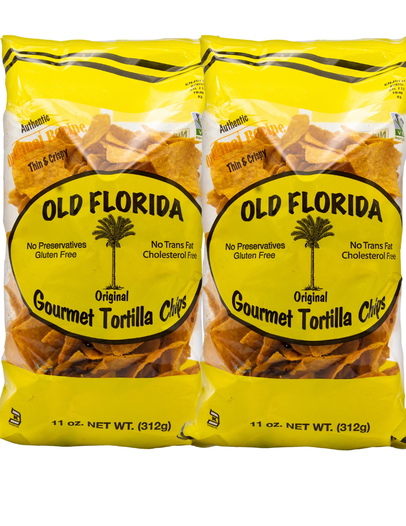 Old Florida Gourmet Original Tortilla Chips, 11 OZ - Pack of TWO (2) - Original Thin & Crispy Non-GMO Recipe