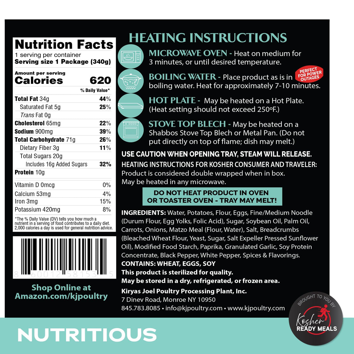 KJ Poultry Kosher Parve Ready Meals - Kugel Medley MRE Meals Ready to Eat, Halal, (1 Pack) Prepared Entree Fully Cooked, Shelf Stable Microwave Dinner