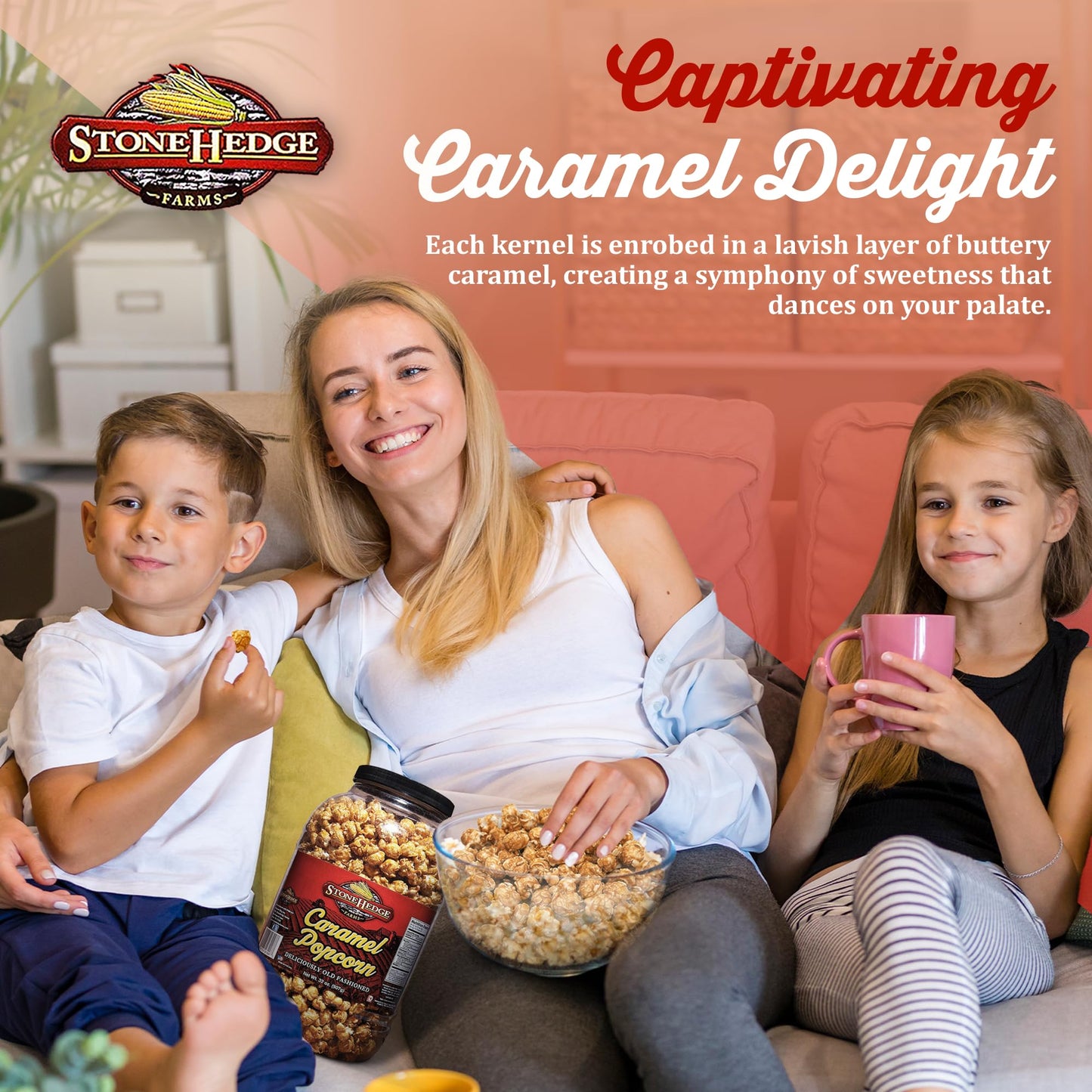 Stonehedge Farms Caramel Flavored Popcorn | 32 oz Large Tub | Perfect for Holidays and Christmas | Bulk Gourmet Popped Sweet Snacks | Carmel Pop Corn