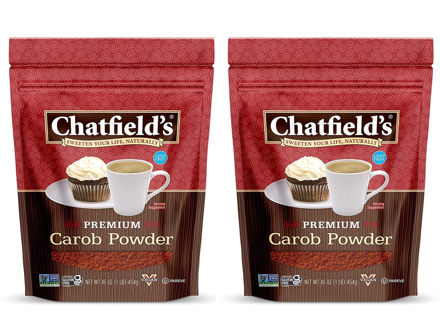 Chatfield’s All Natural Carob Powder 16-oz Pouch, Sweet and Delicious, Premium Quality, Caffeine-Free, Gluten-Free, Vegan, Kosher, Non-GMO Verified - (2 Pack)