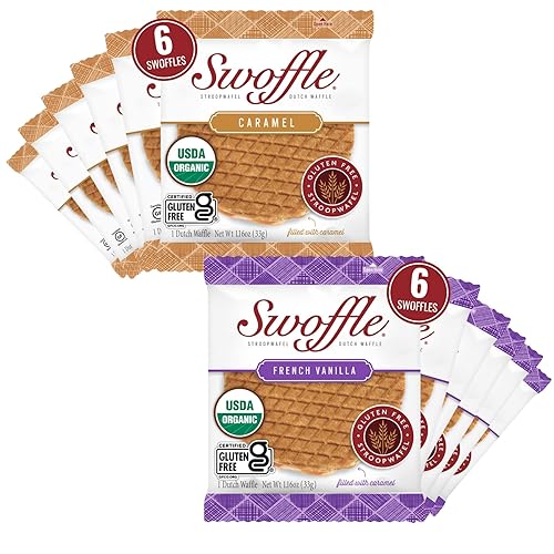 Gluten Free Certified Organic Stroopwafels by Swoffle - Caramel Filled & French Vanilla | (12) Individually Wrapped Waffles, (6) of Each Flavor |