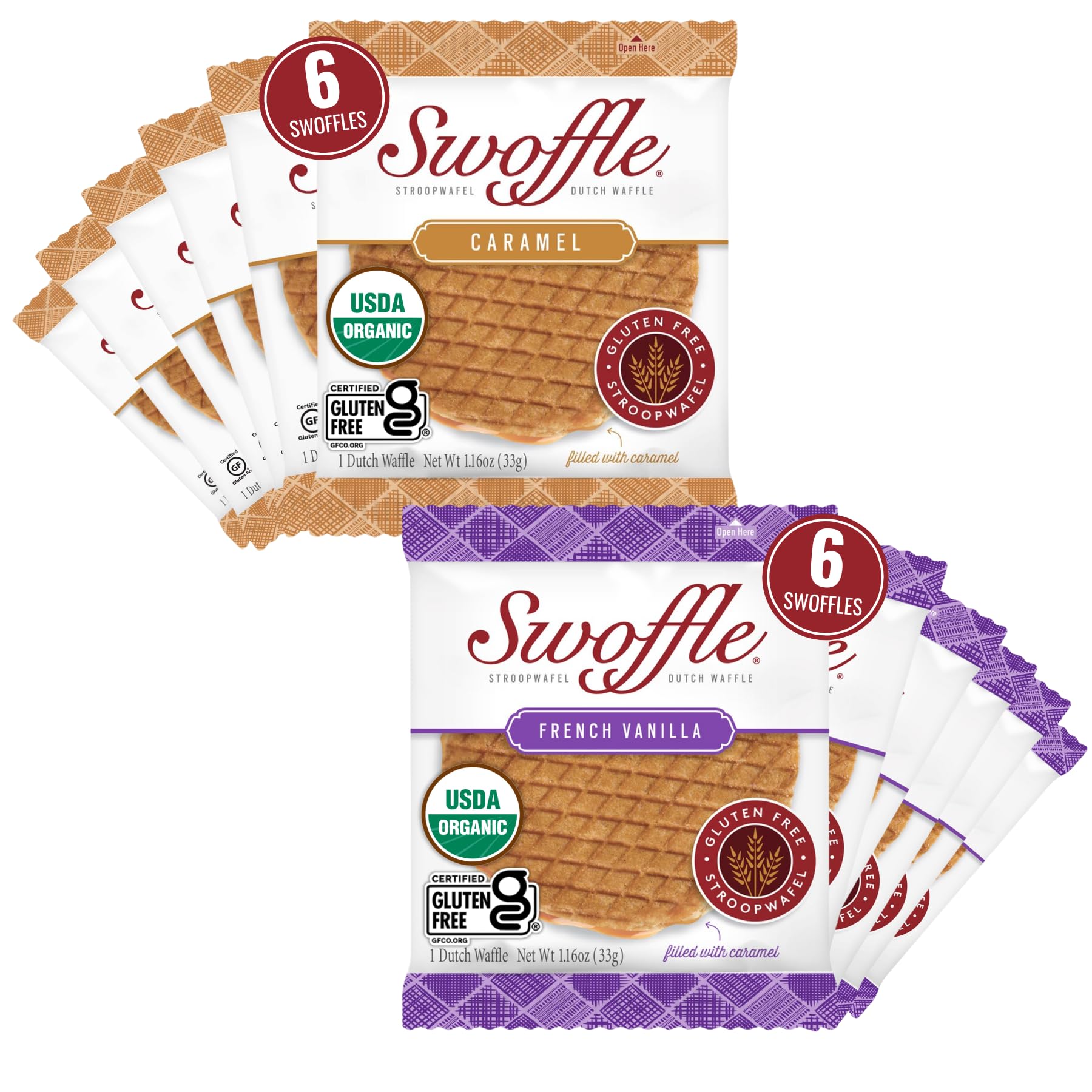 Gluten Free Certified Organic Stroopwafels by Swoffle - Caramel Filled & French Vanilla | (12) Individually Wrapped Waffles, (6) of Each Flavor |