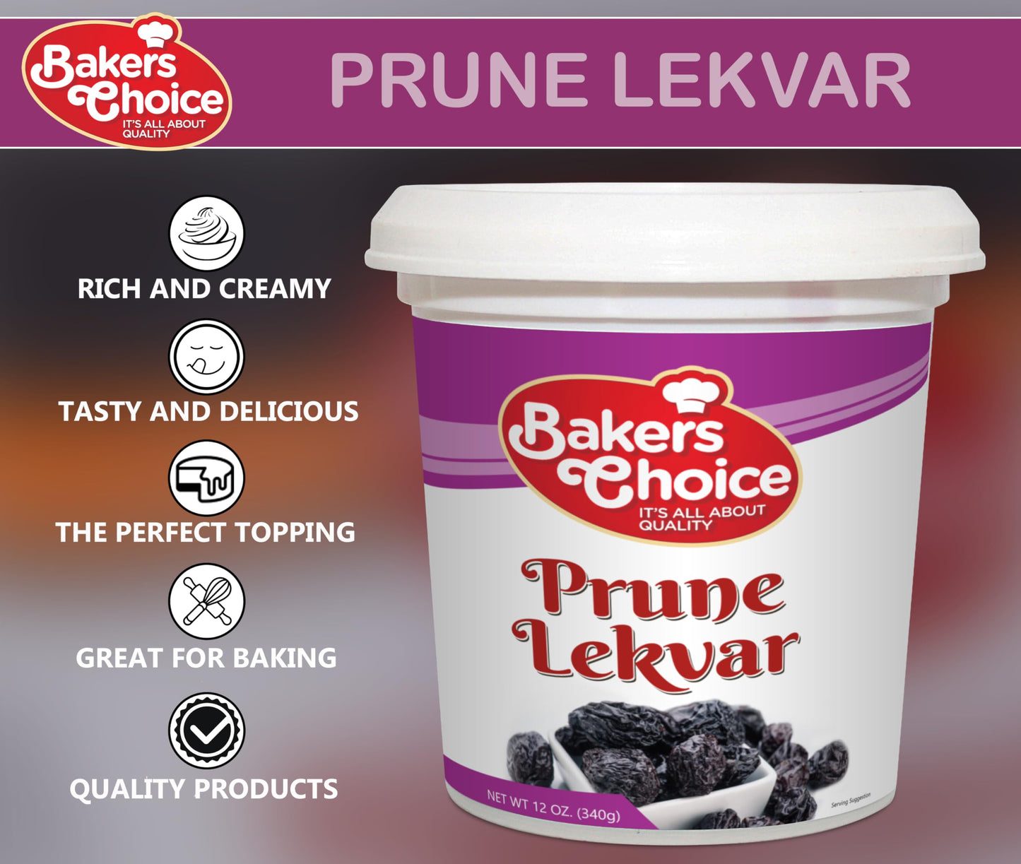 Prune Butter Lekvar Pastry Filling, 12 oz. - Creamy Spread and Topping for Cakes and Desserts - Kosher, Dairy-Free, and Vegan by Baker's Choice