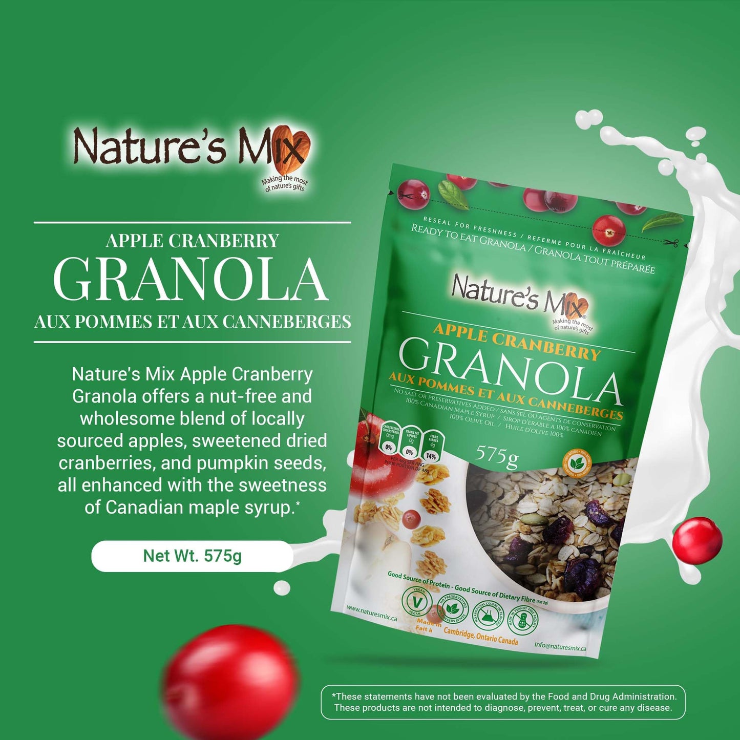 Nature's Mix - Apple Cranberry Granola - Apples, Cranberries and Pumpkin Seeds - No Sugar, Salt, or Preservatives - Kosher, Vegan, Soy-Free - Large