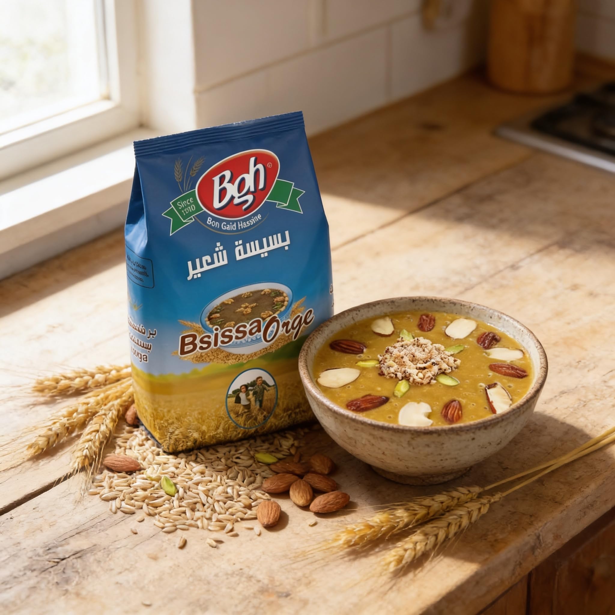Bsissa Traditional Cereal Mix - Blé, Barley (Orge) & Nuts (Fruits Secs) Variations - Ben Gaid Hassine BGH, Roasted Grain Flour Blend, Authentic