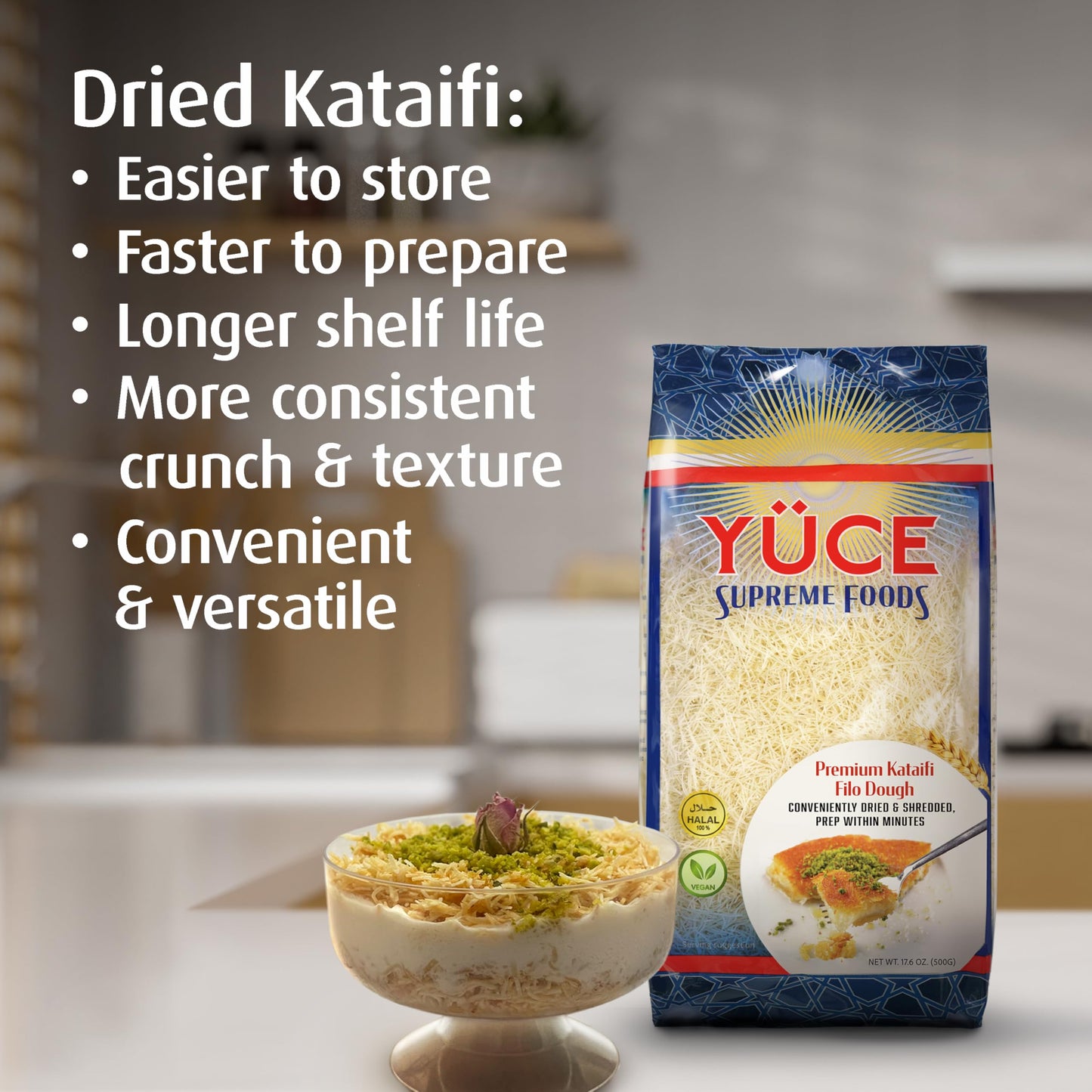 YÜCE Supreme Foods Kataifi Shredded Fillo Dough 500g (17.6 oz), Ingredient For the Viral Dubai Chocolate Bar Pistachio, Dried & Shredded Kataifi Filo