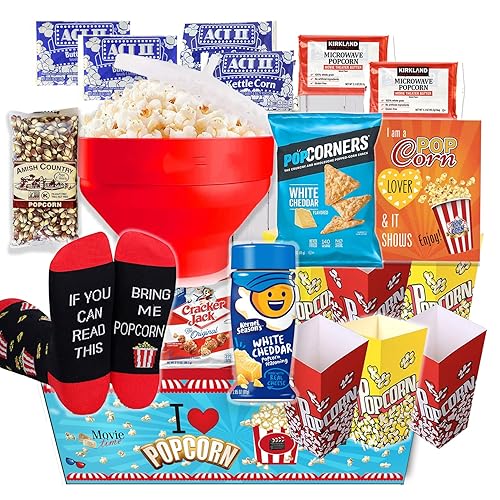 POPCORN LOVER Movie night Gift Basket care package - for family or Birthday gift snack variety or Popcorn seasoning, w/Hot Air Popcorn maker & Funny