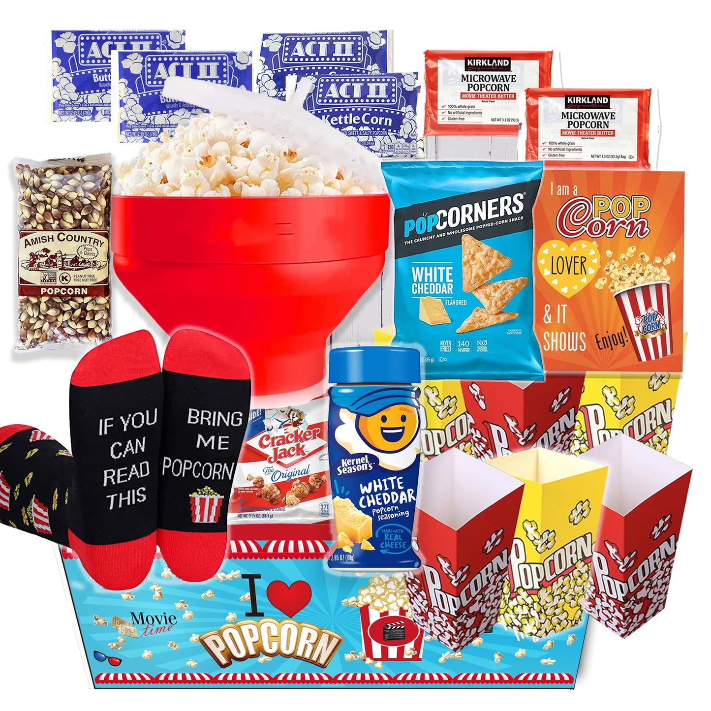 POPCORN LOVER Movie night Gift Basket care package - for family or Birthday gift snack variety or Popcorn seasoning, w/Hot Air Popcorn maker & Funny