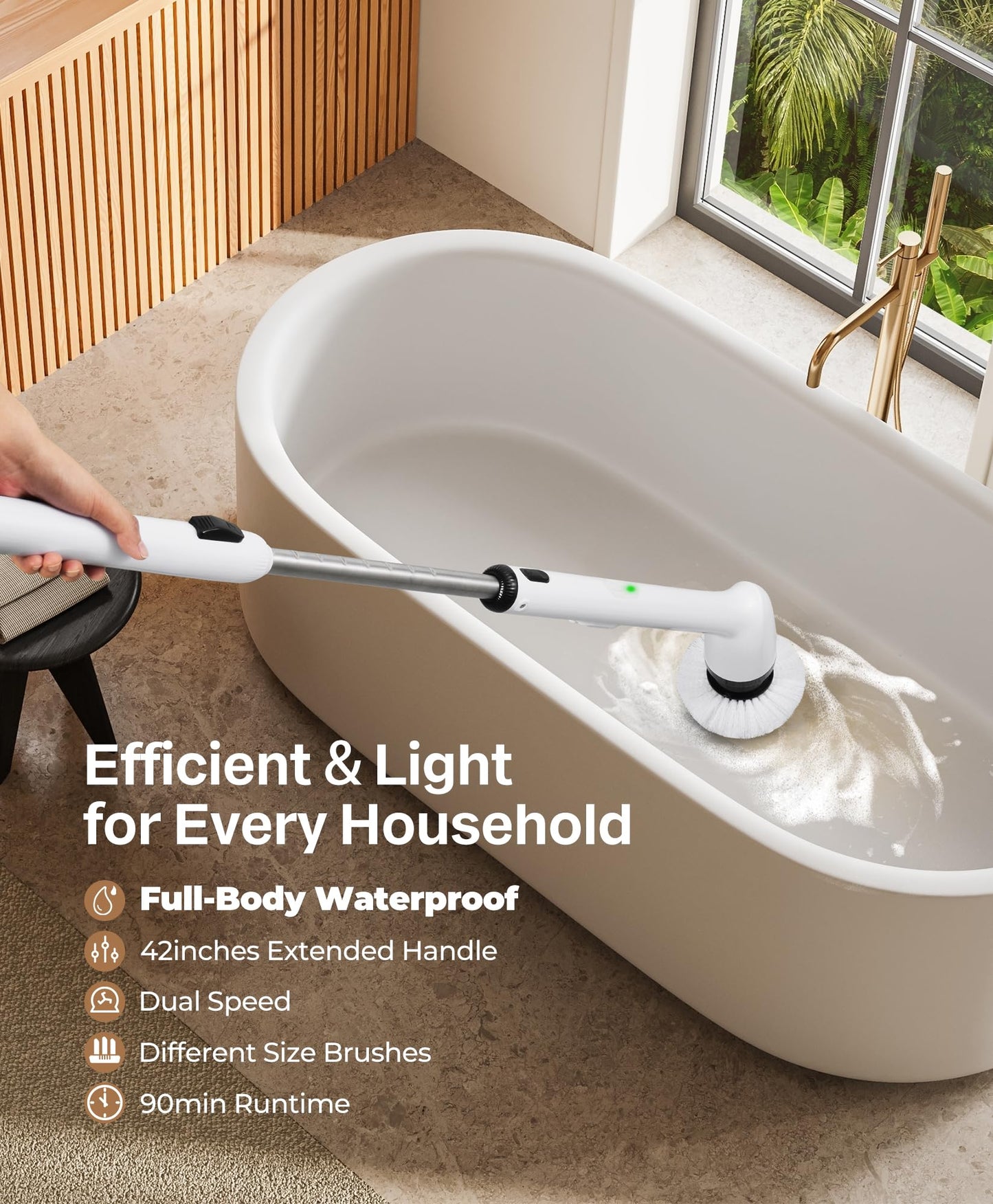 LyriFine Electric Spin Scrubber, New Full-Body IPX7 Waterproof Bathroom Cleaner Brush, Shower Scrubber with Long Handle & 2 Speed, Heads Replacement