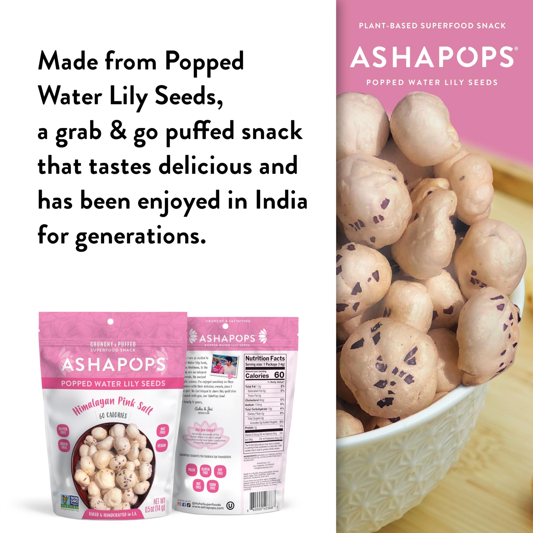 AshaPops Himalayan Pink Salt Flavored Popped Water Lily Seeds, 0.5 oz (Pack of 12) - Gluten-Free, Vegan, Paleo, Nut-Free, Corn-Free, Soy-Free