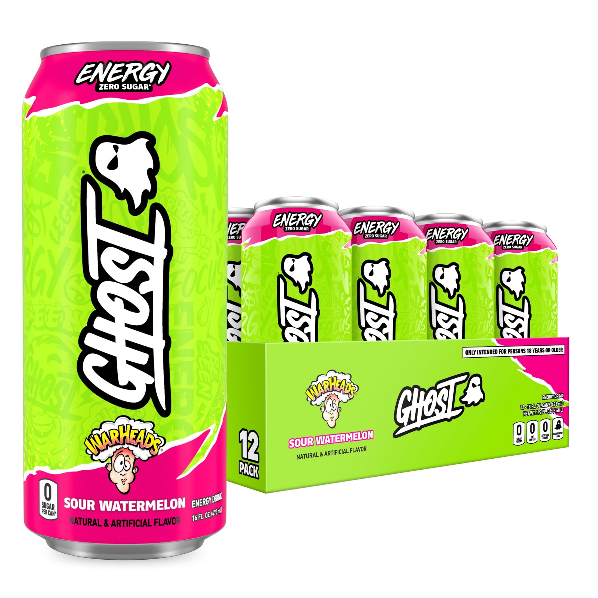GHOST Energy Drink - 12-Pack, Warheads Sour Watermelon, 16oz - Energy & Focus & No Artificial Colors - 200mg of Natural Caffeine, L-Carnitine