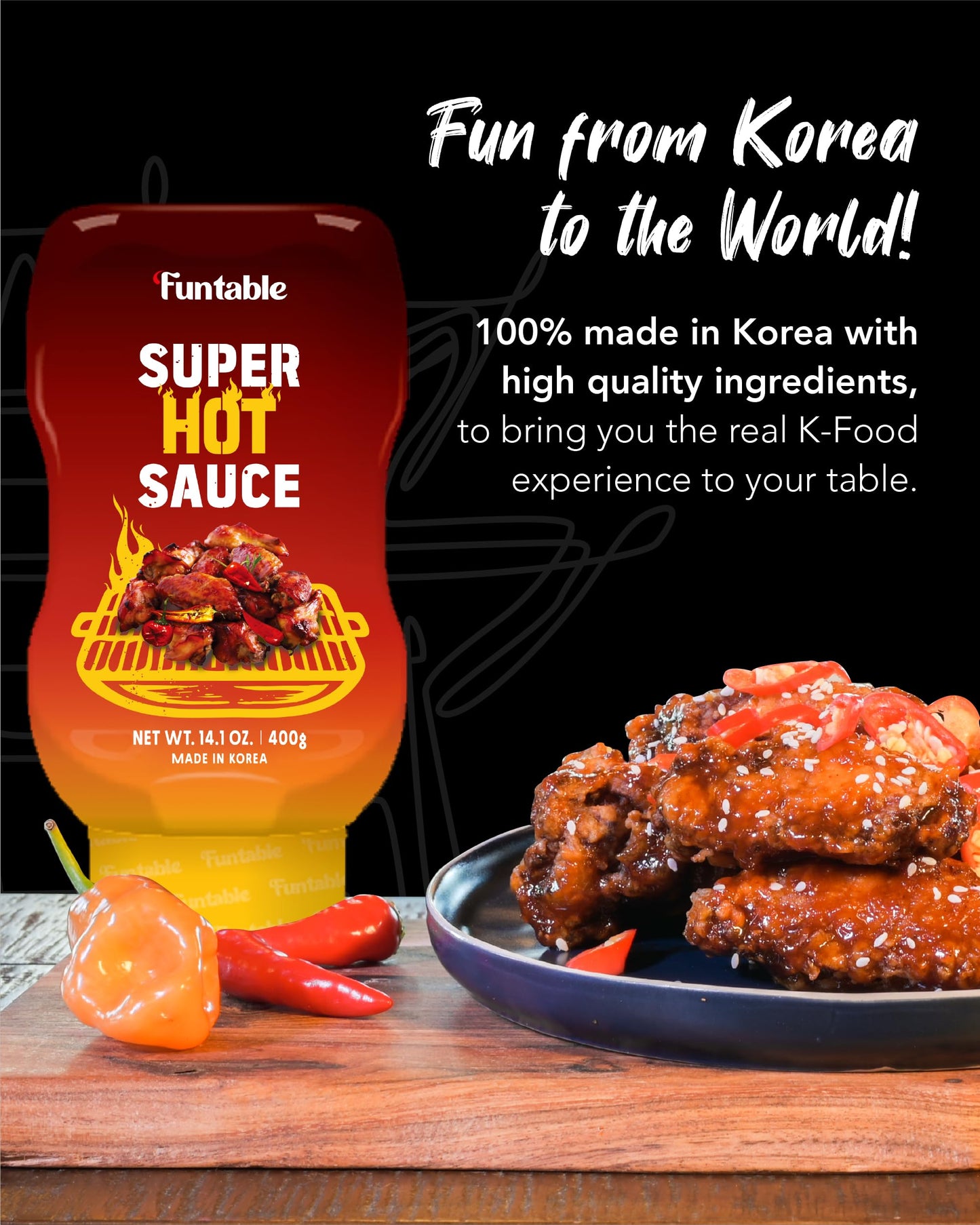 Funtable Super Hot Sauce (13.4 oz, Pack of 1) - Authentic Korean Flavor, Spicy & Tangy Sauce, Ideal for Fried Chicken, Nuggets, Dipping & More.