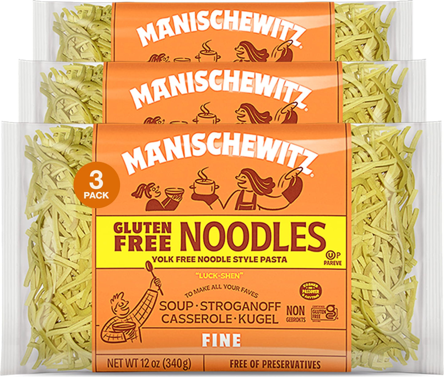 Manishewitz Gluten Free Fine Noodles 12oz (3 Pack) All Natural, Yolk Free, Low Sodium, Kosher for Passover and Year Round