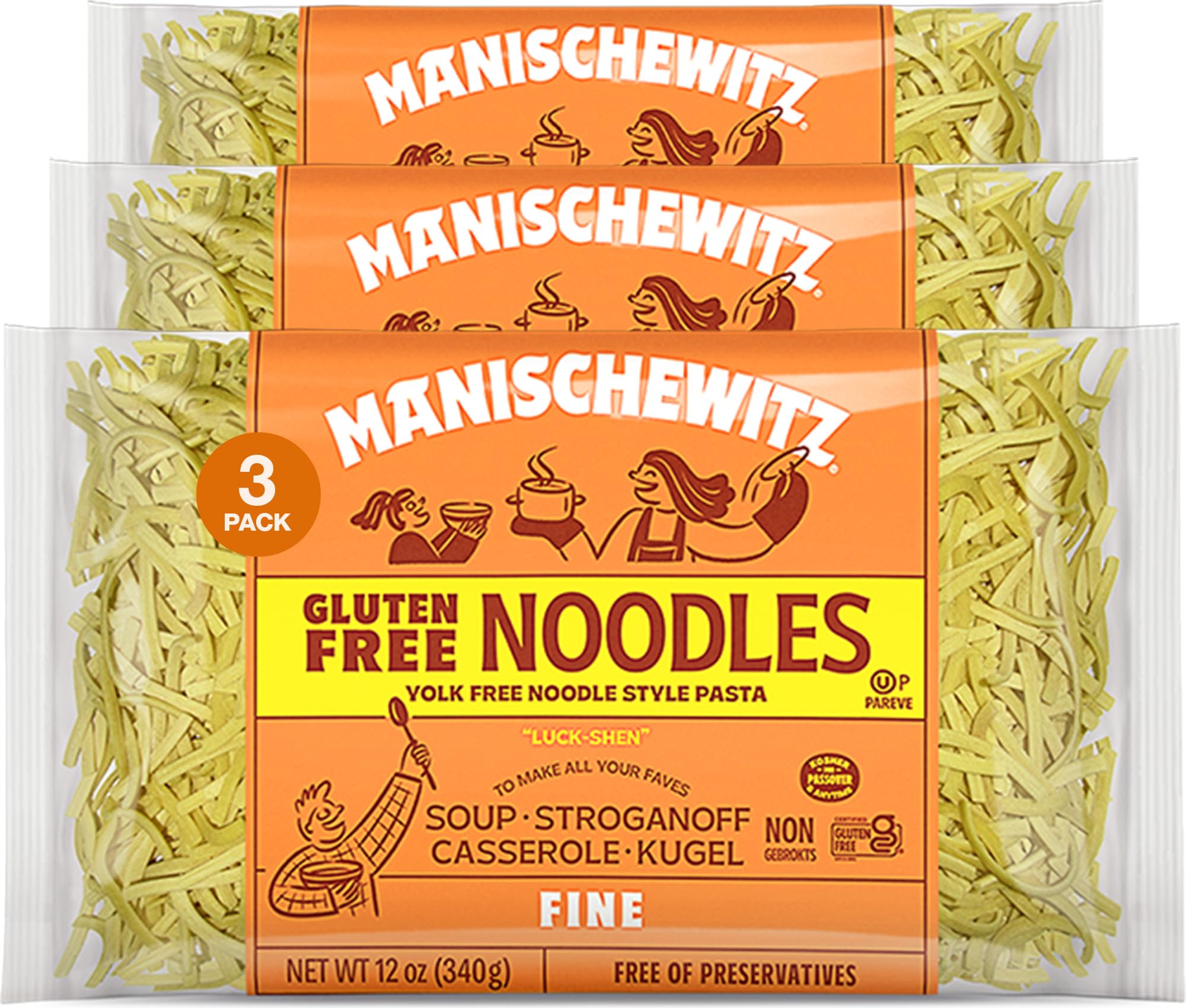Manishewitz Gluten Free Fine Noodles 12oz (3 Pack) All Natural, Yolk Free, Low Sodium, Kosher for Passover and Year Round