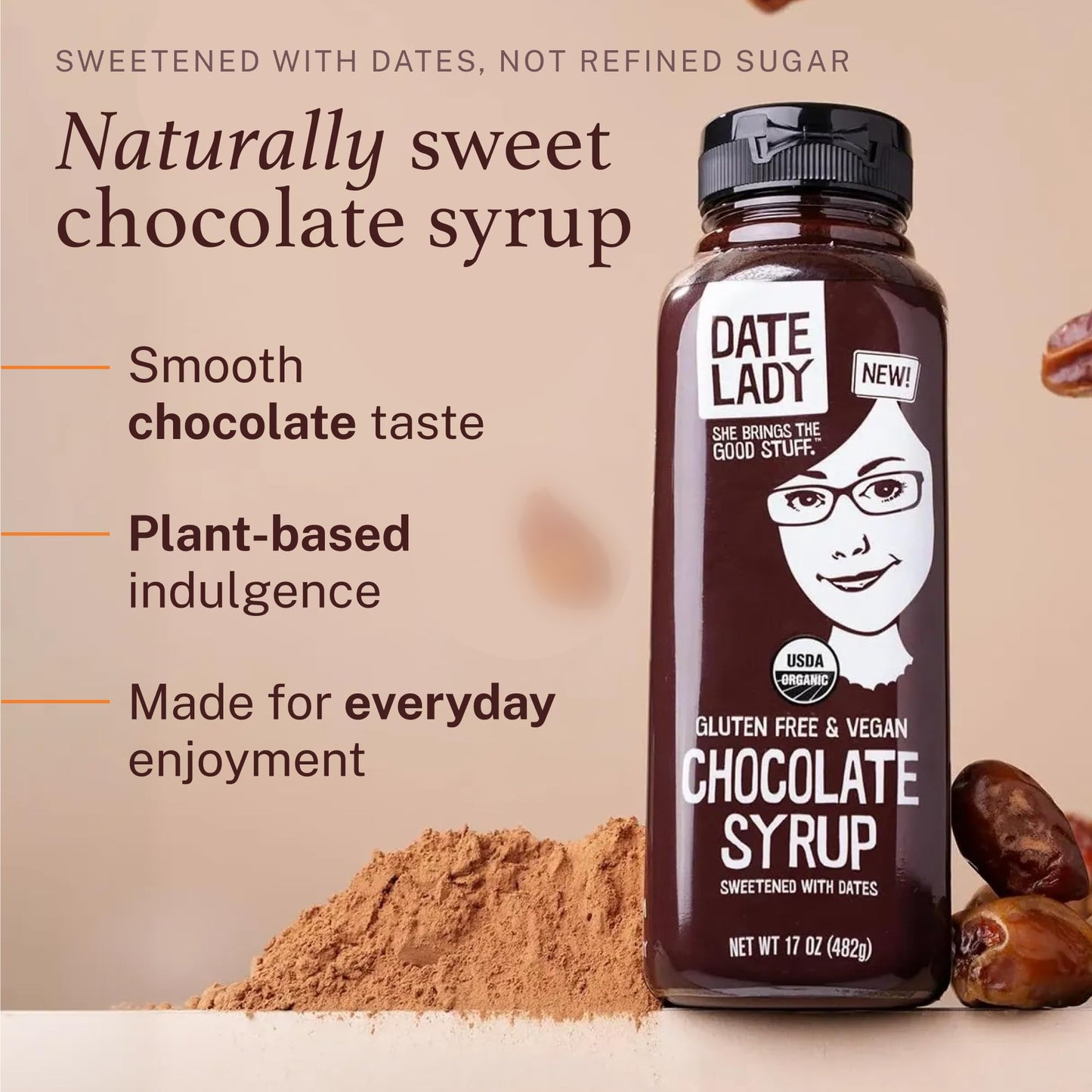 Date Lady Chocolate Syrup | Sweetened Only with Dates | Organic, Vegan, Kosher and Dairy Free | Drizzle on Ice Cream, Pour on Pancakes or Grab a