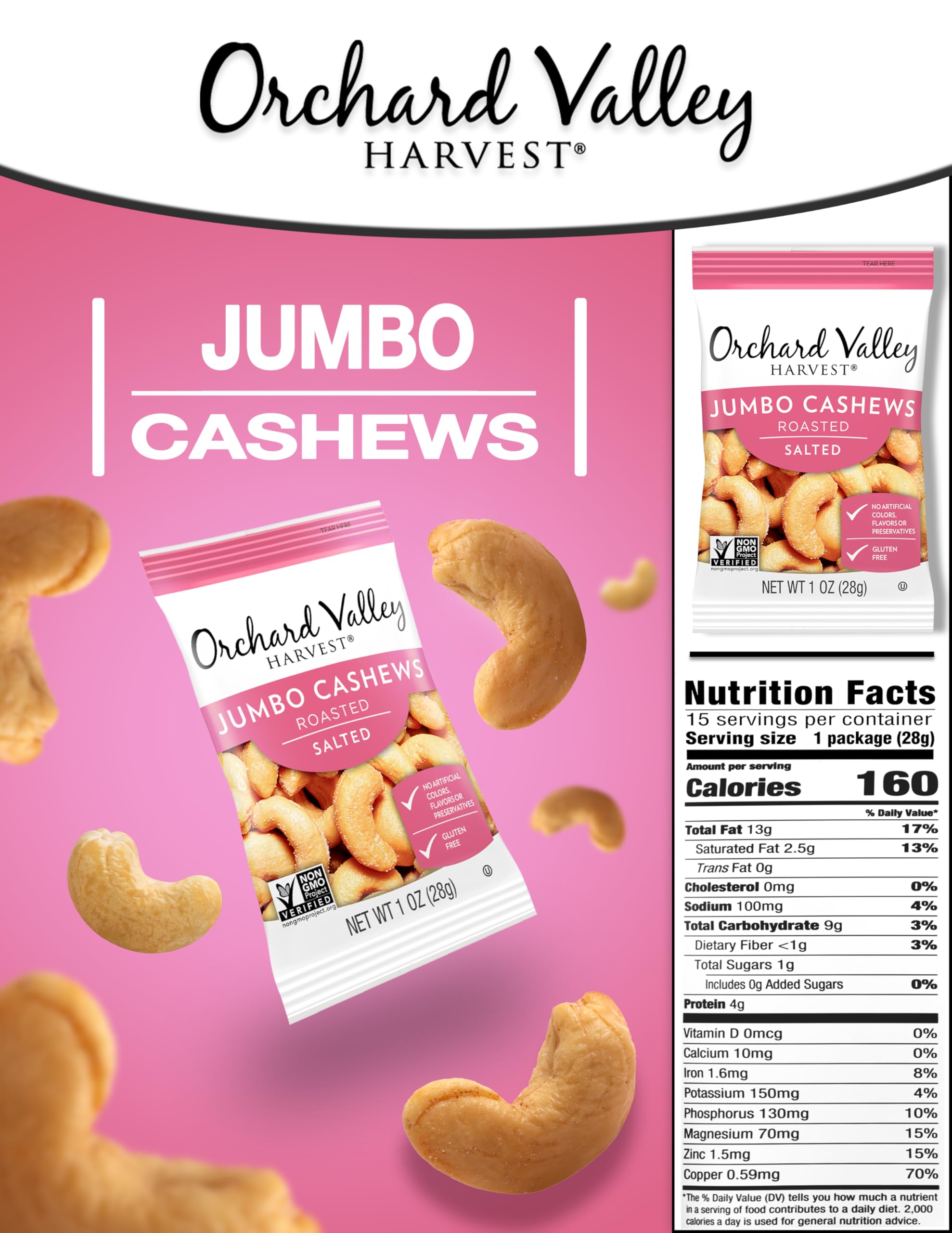 Orchard Valley Harvest Jumbo Cashews, 1 oz Bags (Pack of 15), Whole Roasted Salted Cashews, Gluten Free, No Artificial Colors or Flavors, Non-GMO*