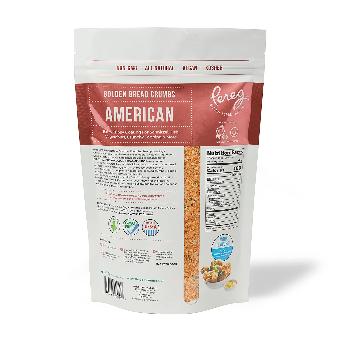 Pereg Golden Crisp Bread Crumbs American (12 Oz) - Cripsy Seasoned Breadcrumbs for Coating & Stuffing - Coat Burger, Schnitzel, Vegetables, Meatballs - Kosher Certified - Resealable Packaging