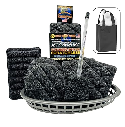 Jetz-Scrubz 9-Piece Kitchen Gift Set - Scratch-Free Kitchen Scrubber Sponges and Dish Mop, Housewarming Gift, Black, Made in USA