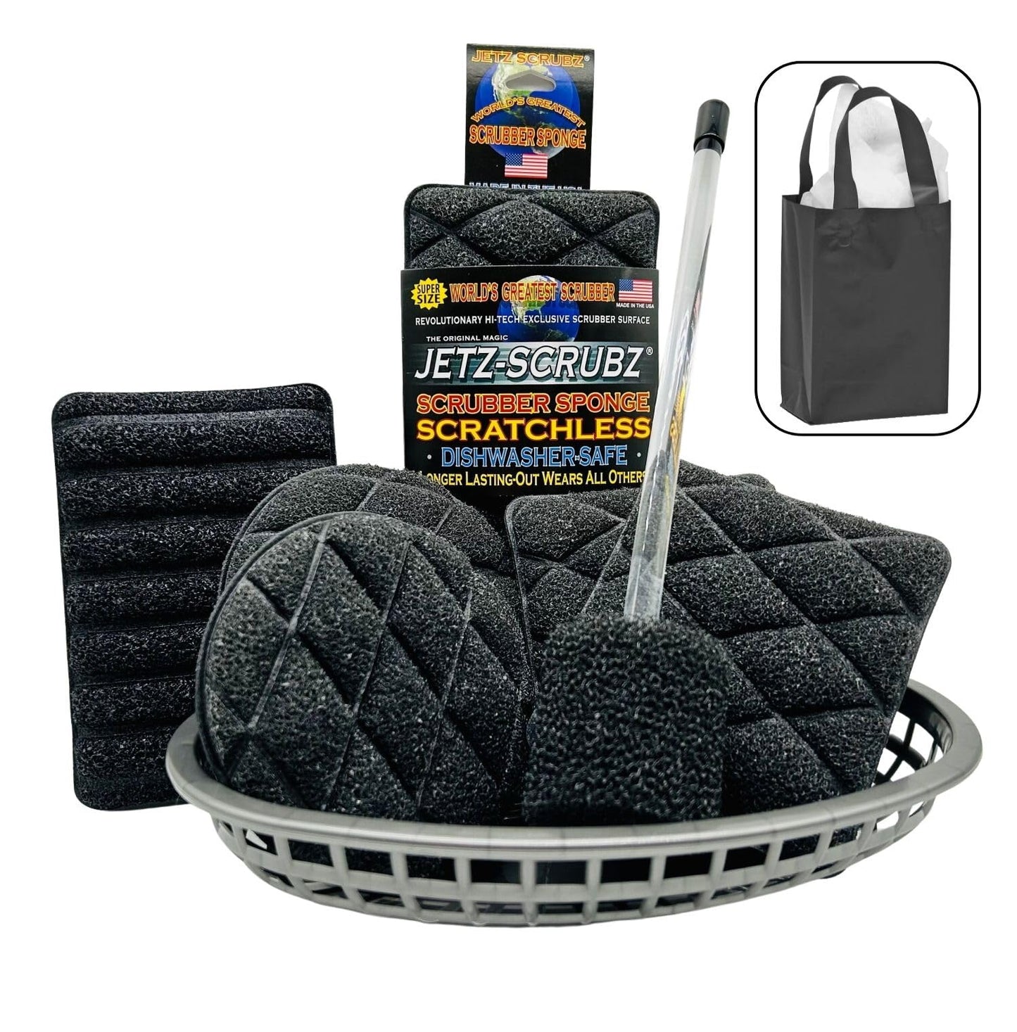 Jetz-Scrubz 9-Piece Kitchen Gift Set - Scratch-Free Kitchen Scrubber Sponges and Dish Mop, Housewarming Gift, Black, Made in USA