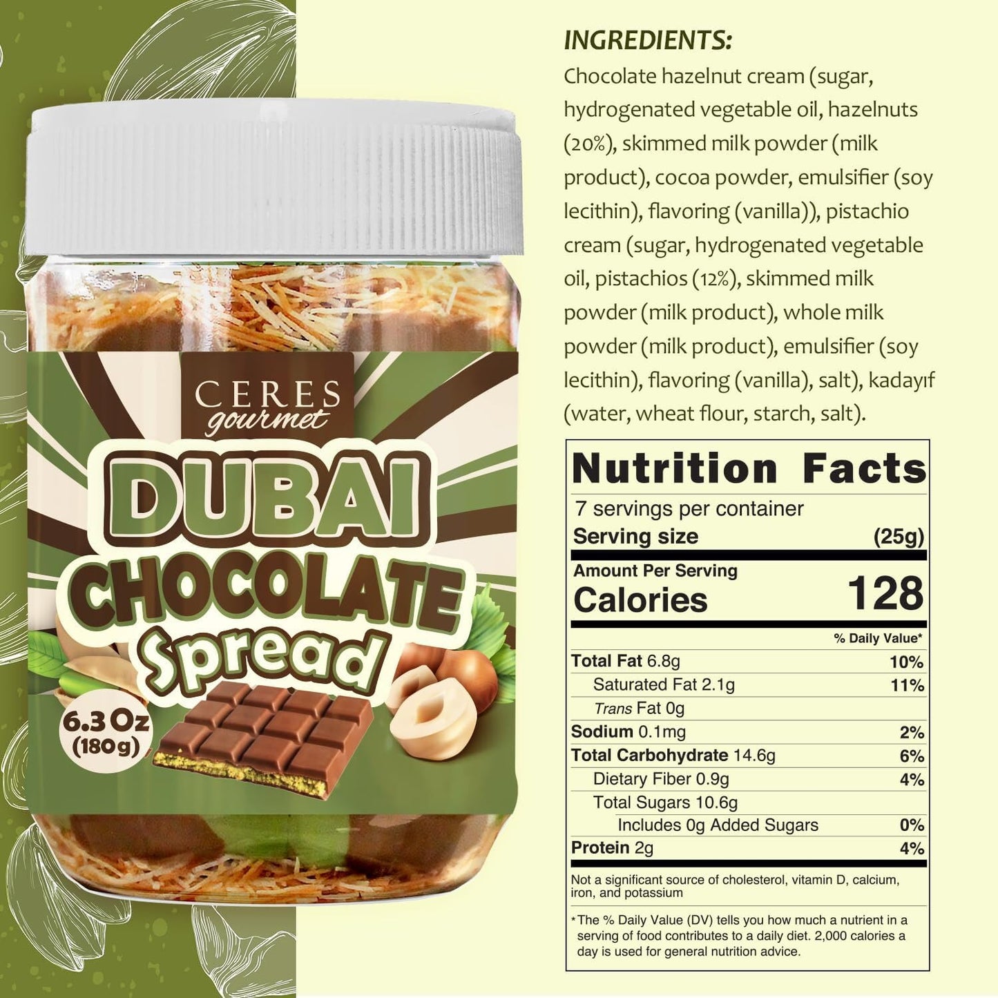 Dubai Chocolate Spread - 6.35 oz Jar with Pistachio, Kataifi & Gourmet Dubai Chocolate Filling for Pancakes, Breakfast, Snacks, and Desserts