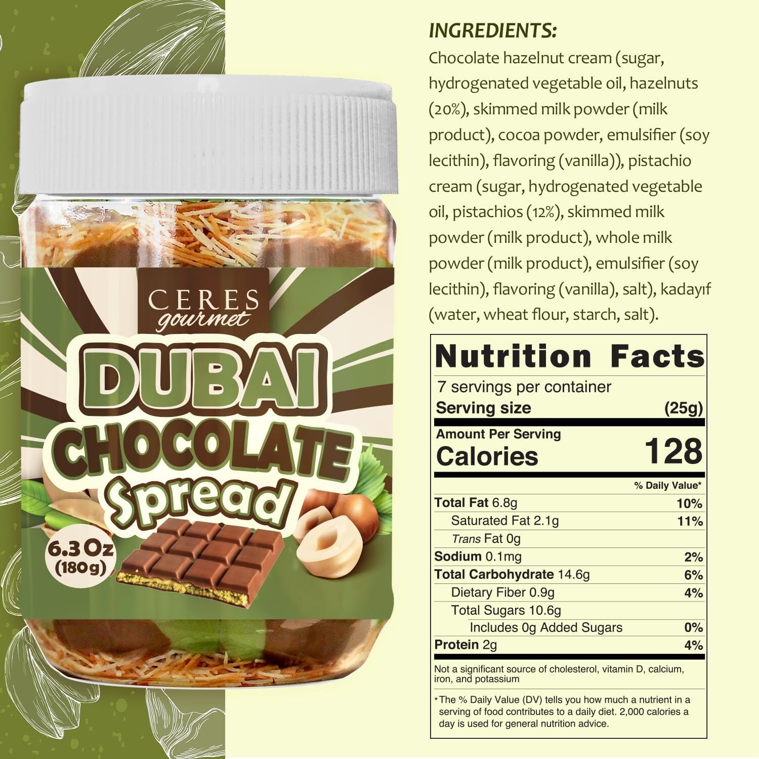 Dubai Chocolate Spread - 6.35 oz Jar with Pistachio, Kataifi & Gourmet Dubai Chocolate Filling for Pancakes, Breakfast, Snacks, and Desserts