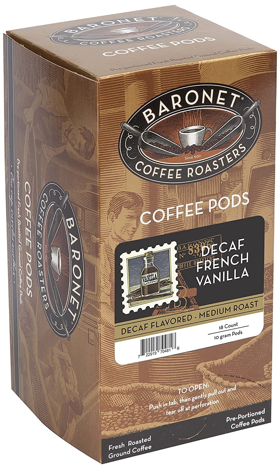 Baronet Coffee Pods [DECAF French Vanilla-54 Pods] Flavored Single Cup Use, Like Senseo [3 Boxes of 18 Single Serve 10 Gram] Regular Strength, Med