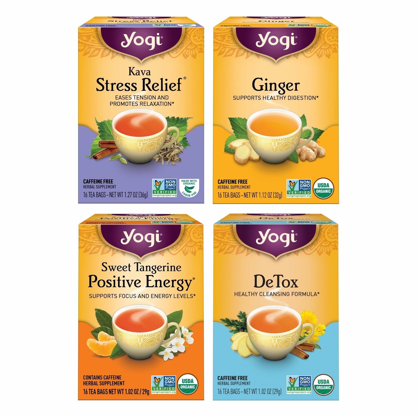 Yogi Tea Well-Being Variety Pack - 16 Bags per Pack (4 Packs) - Black & Herbal Sampler - Caffeine & Caffeine Free - Kava Stress Relief, Ginger, Sweet