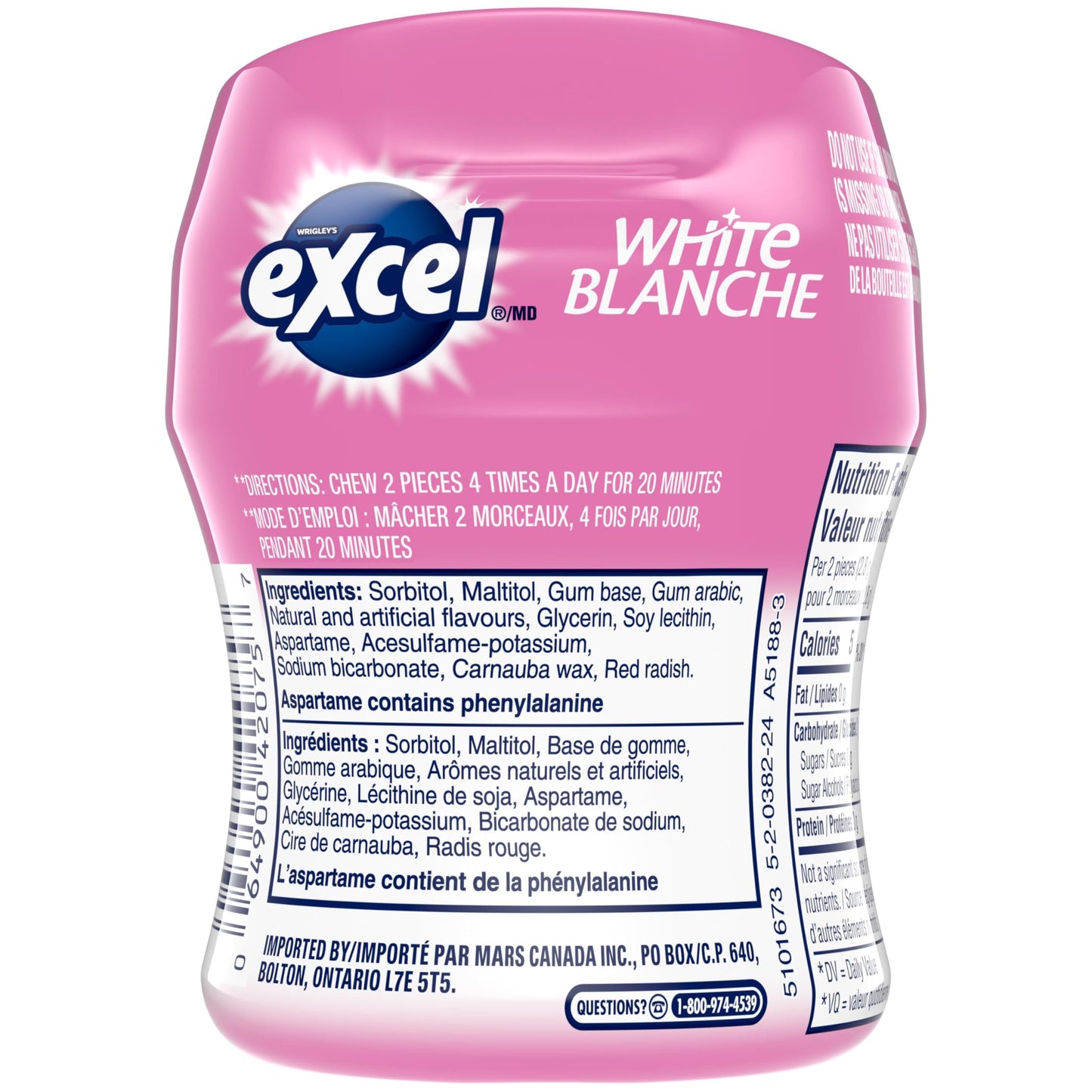 Excel White Sugar-Free Gum,Bubblemint, 60pc Bottle,6ct{Imported from Canada}
