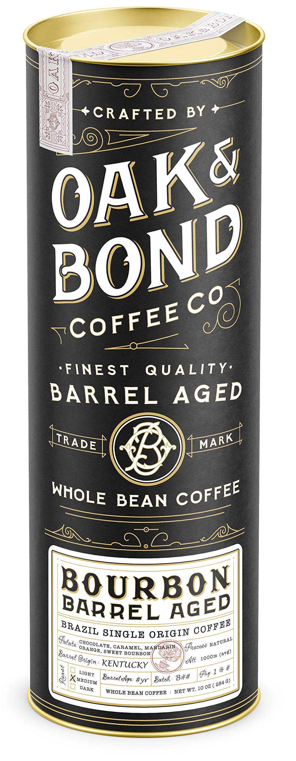 Oak & Bond Coffee Co. Bourbon Barrel Aged Coffee, Brazil Single Origin Whole Bean, Medium Roast - Chocolate, Caramel, Mandarin Orange, Sweet Bourbon