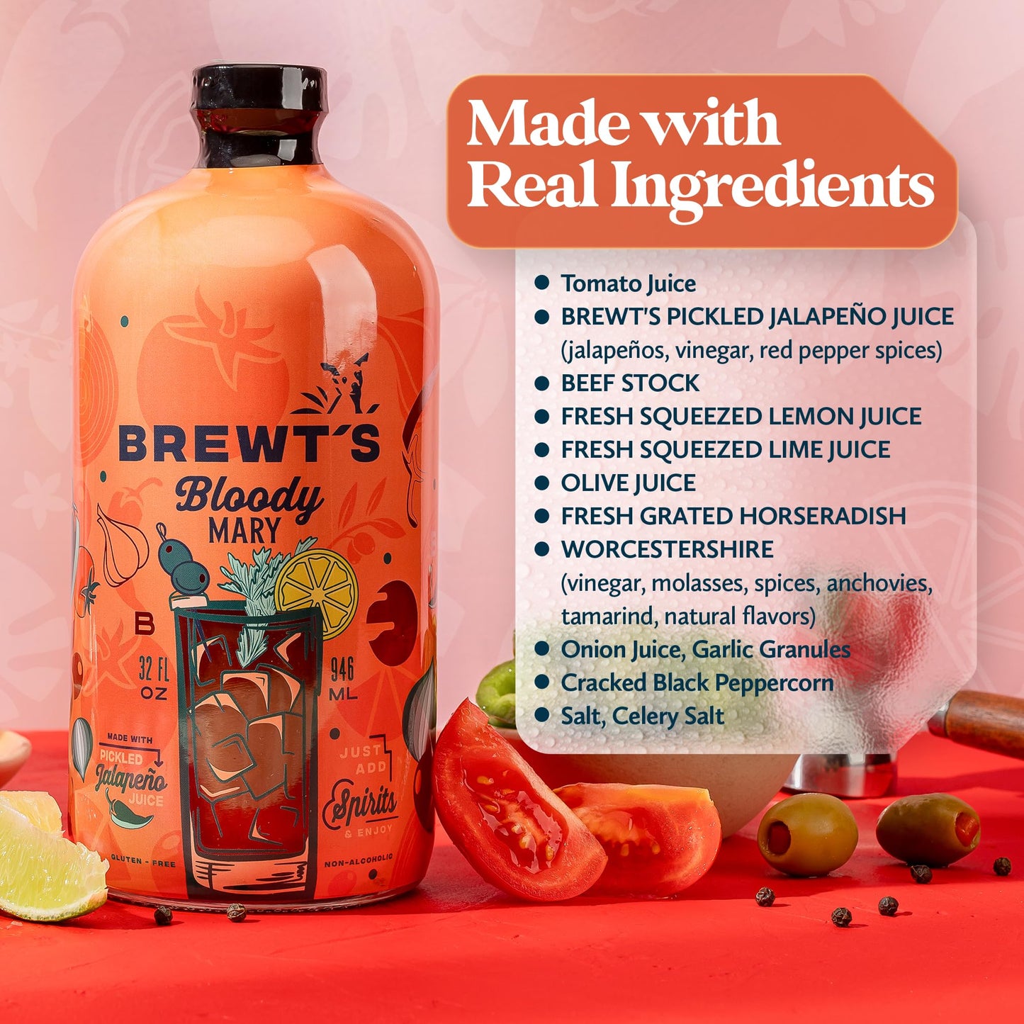 Brewt’s Spicy Bloody Mary Mix - Handcrafted Cocktail & Mocktail Mixer with Real Ingredients, Citrus, Horseradish - Low Sodium, Zero Preservatives - 32