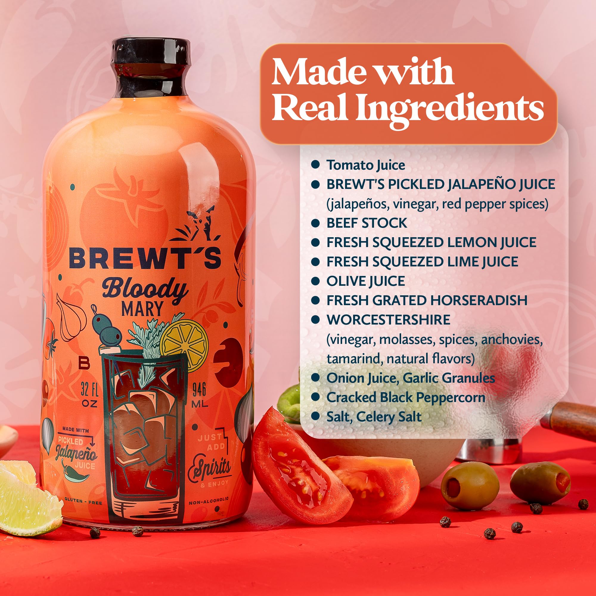 Brewt’s Spicy Bloody Mary Mix - Handcrafted Cocktail & Mocktail Mixer with Real Ingredients, Citrus, Horseradish - Low Sodium, Zero Preservatives - 32