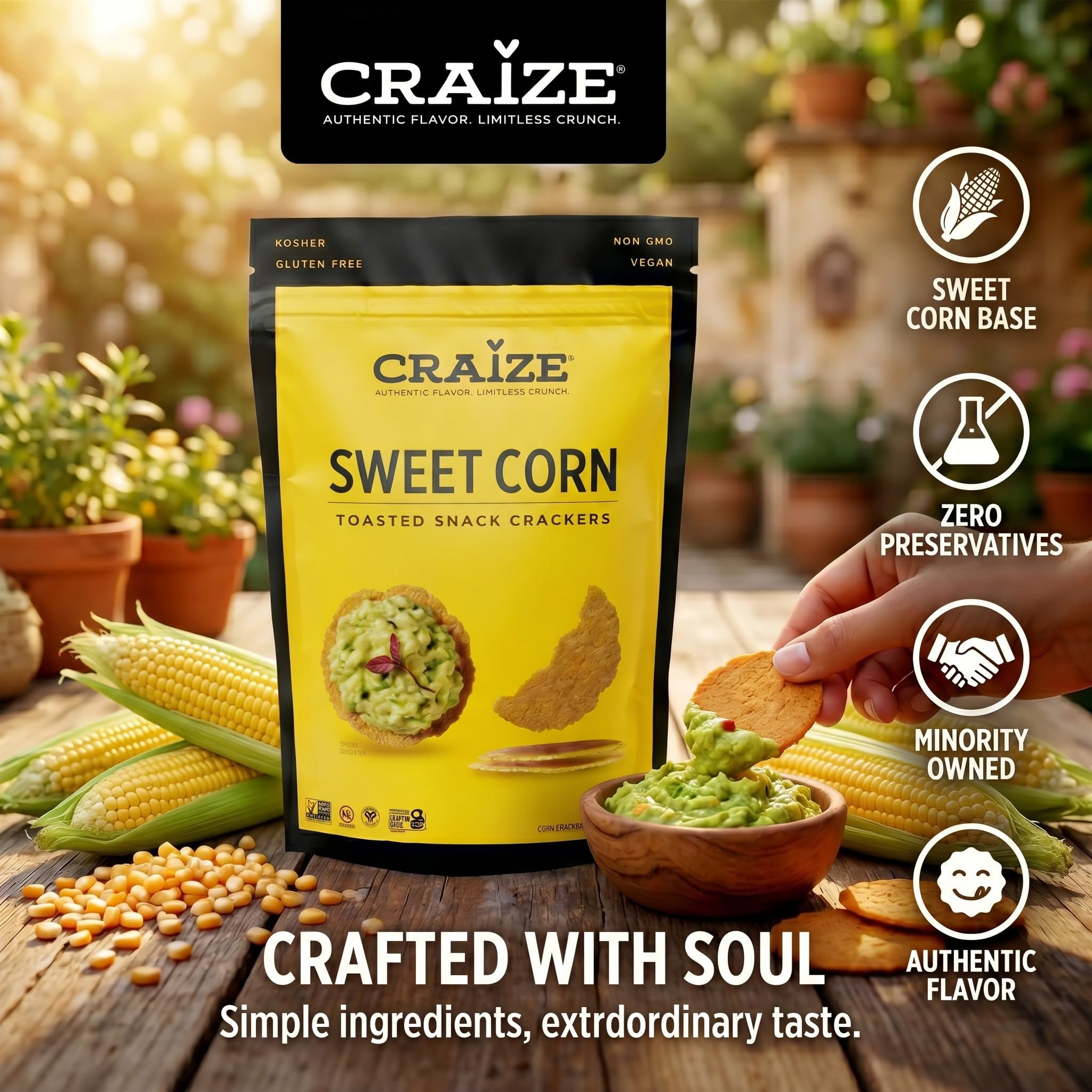 Craize Sweet Corn Crisps | Gluten Free, Vegan, Kosher, Toasted Corn Crackers | 4 oz each