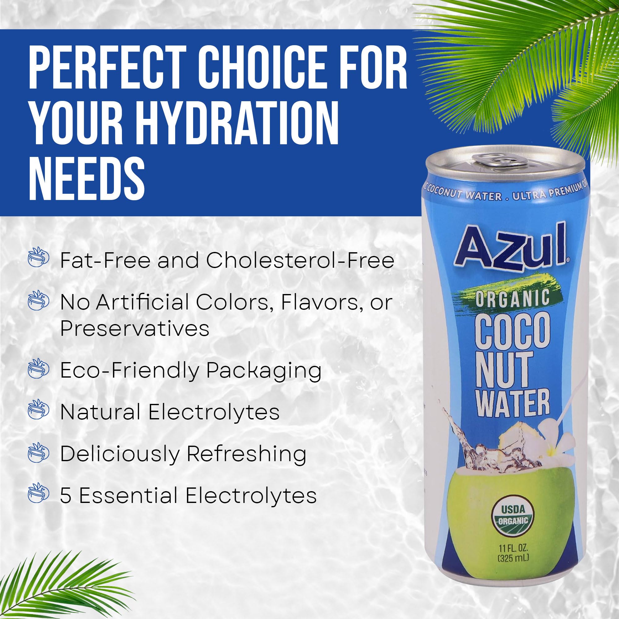 Azul Coconut Water Can, Natural Hydrating Electrolyte, 100% Organic, No Sugar Added Coconut Drink without Pieces, Gluten Free, No Artificial