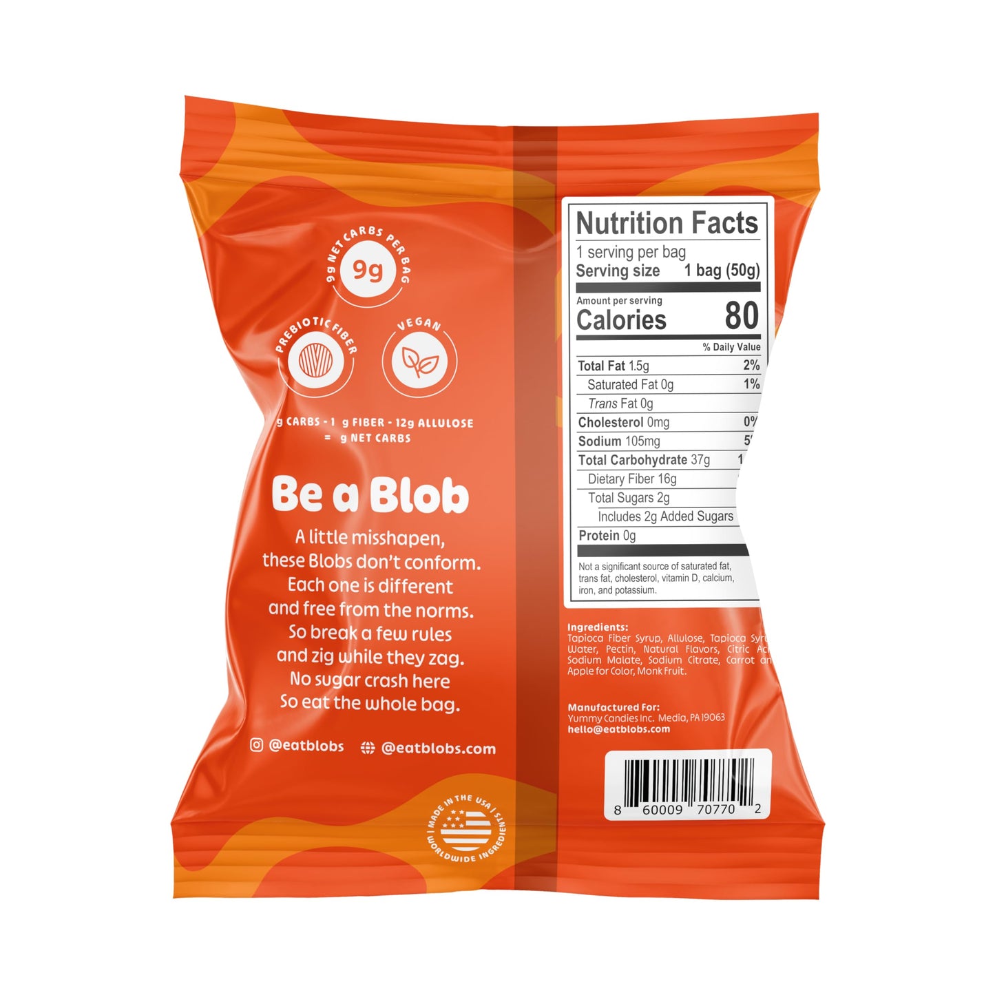 Blobs Gummy Candy 2g Sugar Healthy Gummies - Low Net Carb & Low Calorie - No Sugar Alcohols, Vegan, Gluten Free, No Dyes -1.8 oz per bag (Pack of 6)
