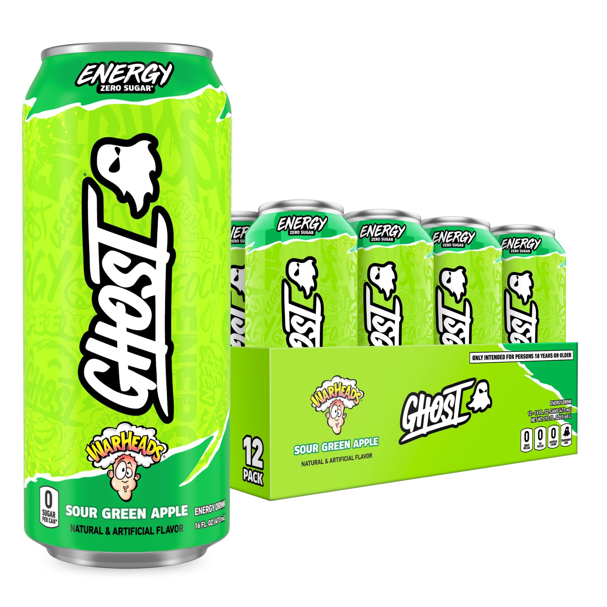 GHOST Energy Drink - 12-Pack, Warheads Sour Green Apple, 16oz - Energy & Focus & No Artificial Colors - 200mg of Natural Caffeine, L-Carnitine