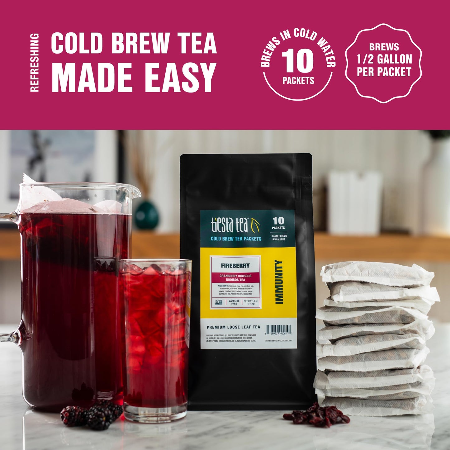 Tiesta Tea - Fireberry Cold Brew, Loose Leaf, Cranberry Hibiscus Rooibos Tea, Premium Non-Caffeinated Blend, Cold Brew Packets, Makes 64 oz Per Bag