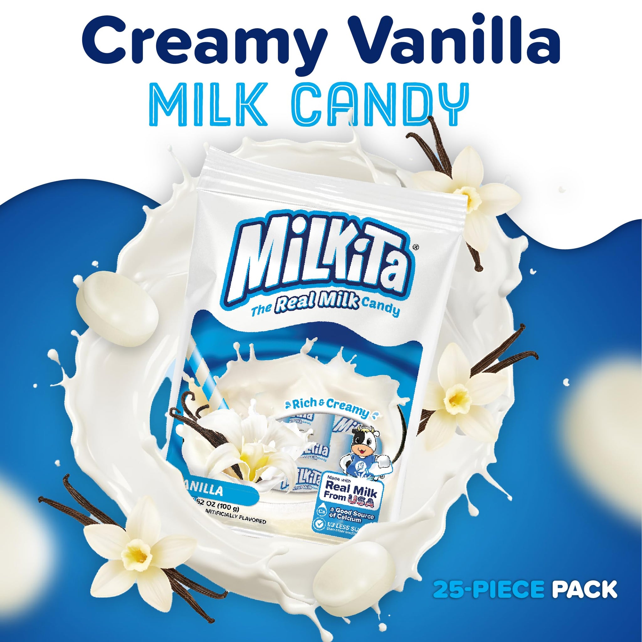 Milkita Creamy Vanilla Milk Candy - Low-Sugar Healthy Sweets with Real Milk for Kids & Adults - Fat Free & Gluten Free Candy with Calcium for Everyday
