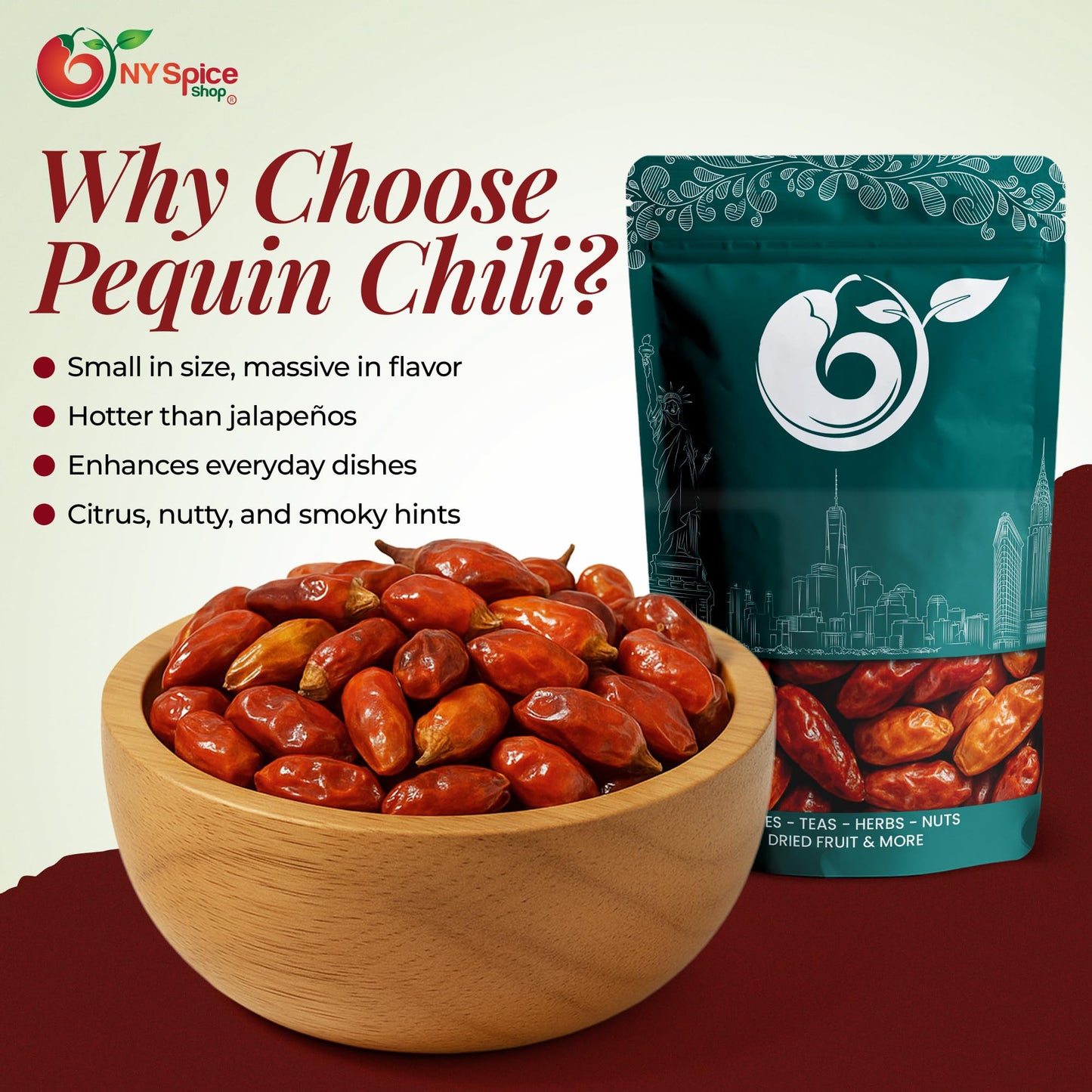 NY Spice Shop Chili Pequin Whole Dried - 1 Pound Dry Pequin Chili Pods - Whole Mexican Pequins Pepper & Mild Red Hot Pepper For Cooking, Sauces, Soups