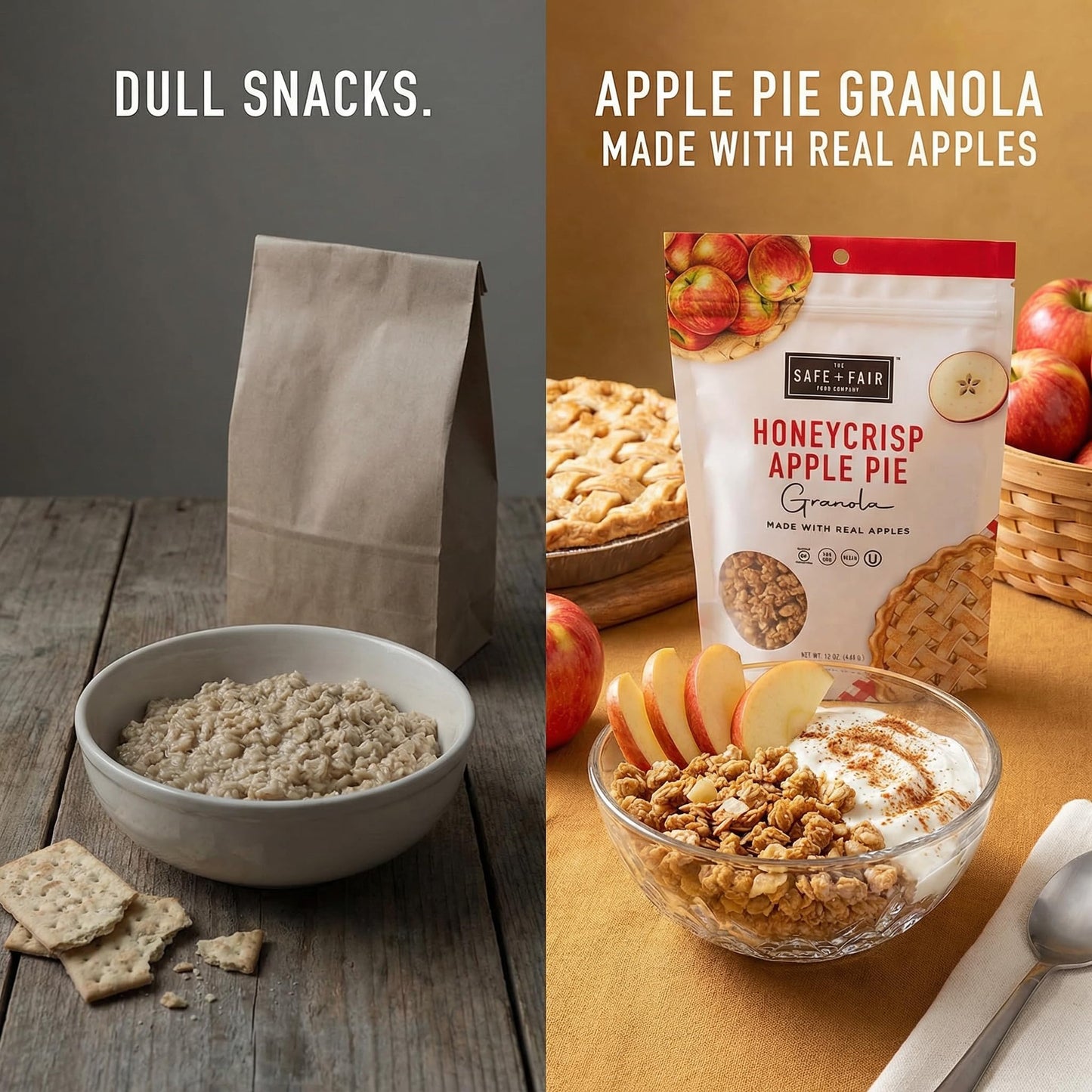 Safe + Fair Honeycrisp Apple Pie Granola - 12 oz Bags - Pack of 2 - Yogurt and Snacking - Granola Mix Breakfast Organic Cereal Style with a Random
