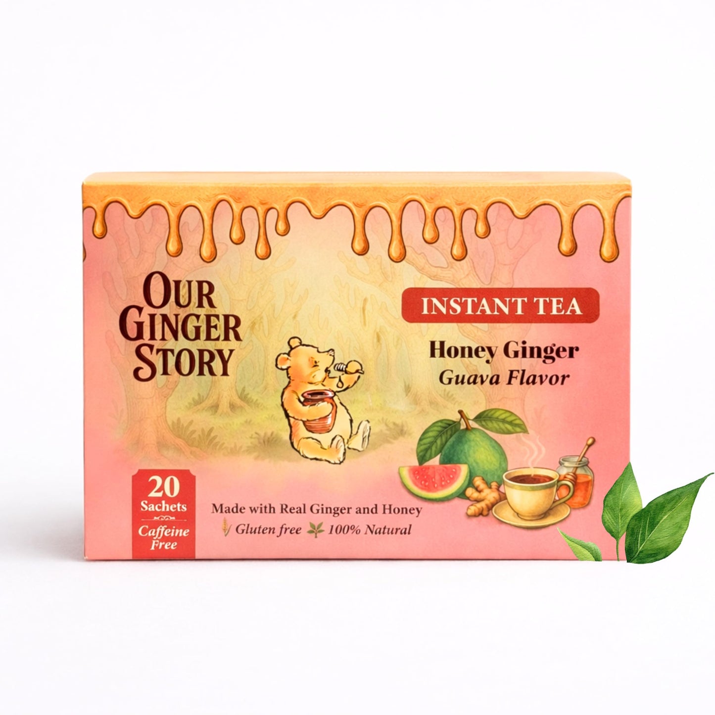 Premium Honey Ginger Instant Tea Crystals Guava Flavor 20 Sachets Real Ginger Real Honey Pure Cane Sugar Caffeine Free Hot Or Cold Single Serve Drink