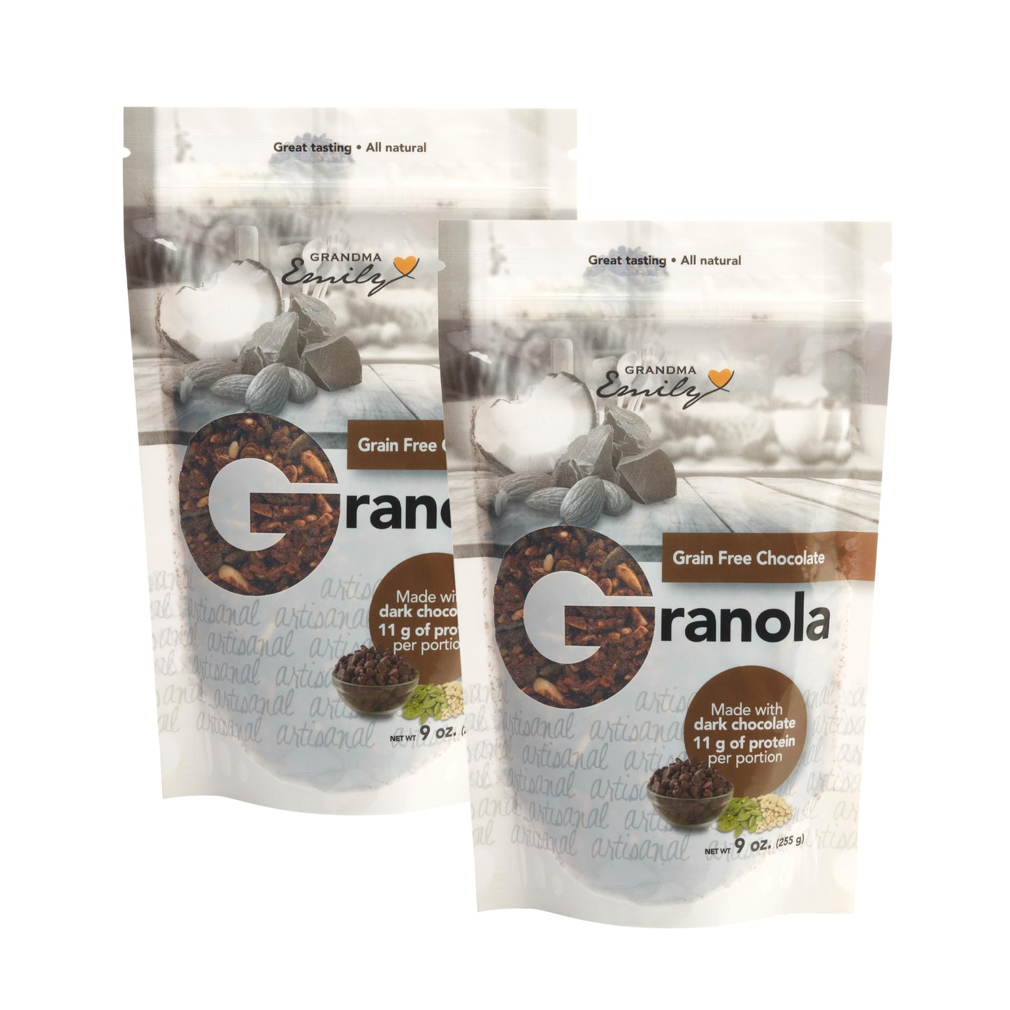 Grandma Emily Grain-Free Chocolate Breakfast Granola Cereal All Natural Dark Chocolate 11 g Protein, 9 ounces (Pack of 2)