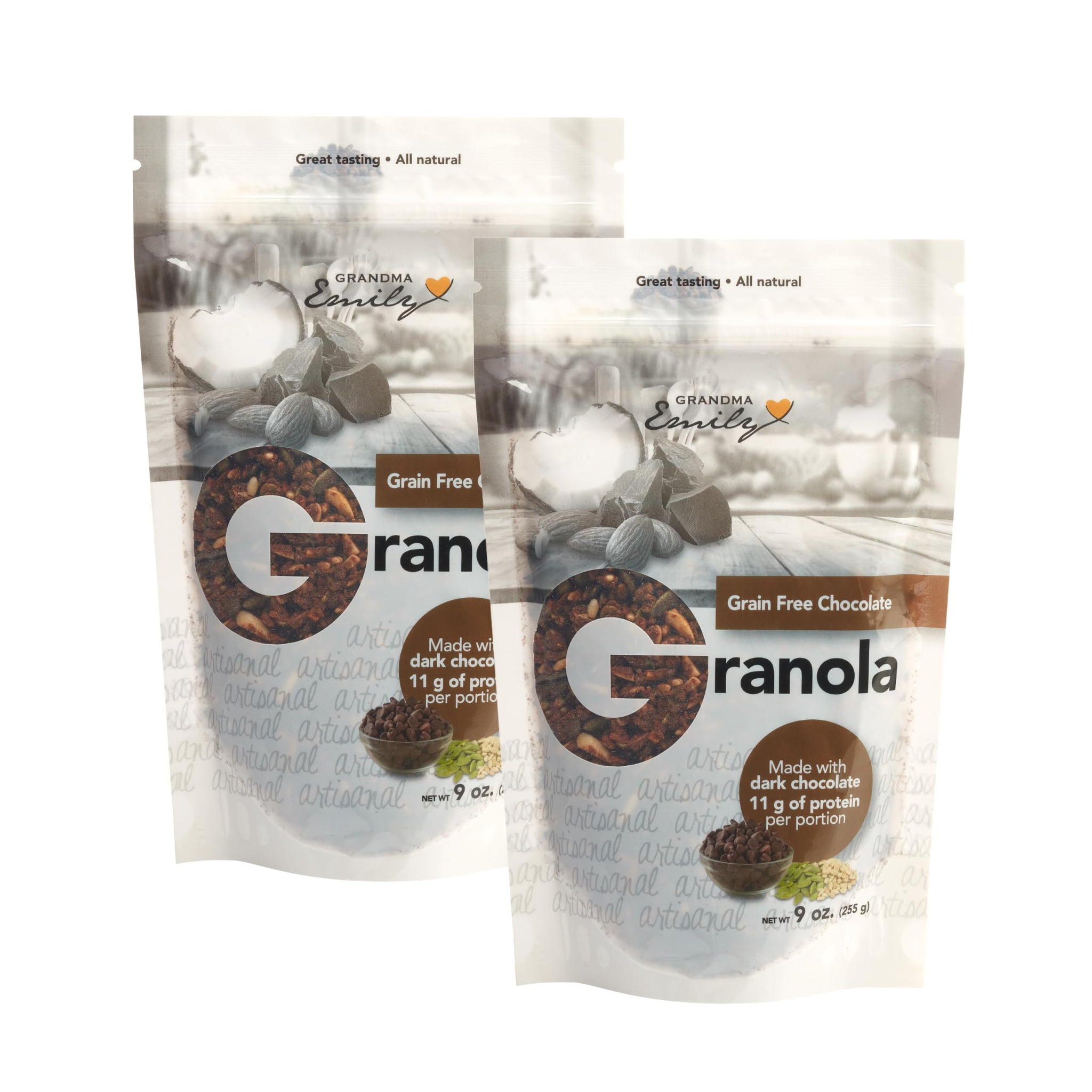Grandma Emily Grain-Free Chocolate Breakfast Granola Cereal All Natural Dark Chocolate 11 g Protein, 9 ounces (Pack of 2)