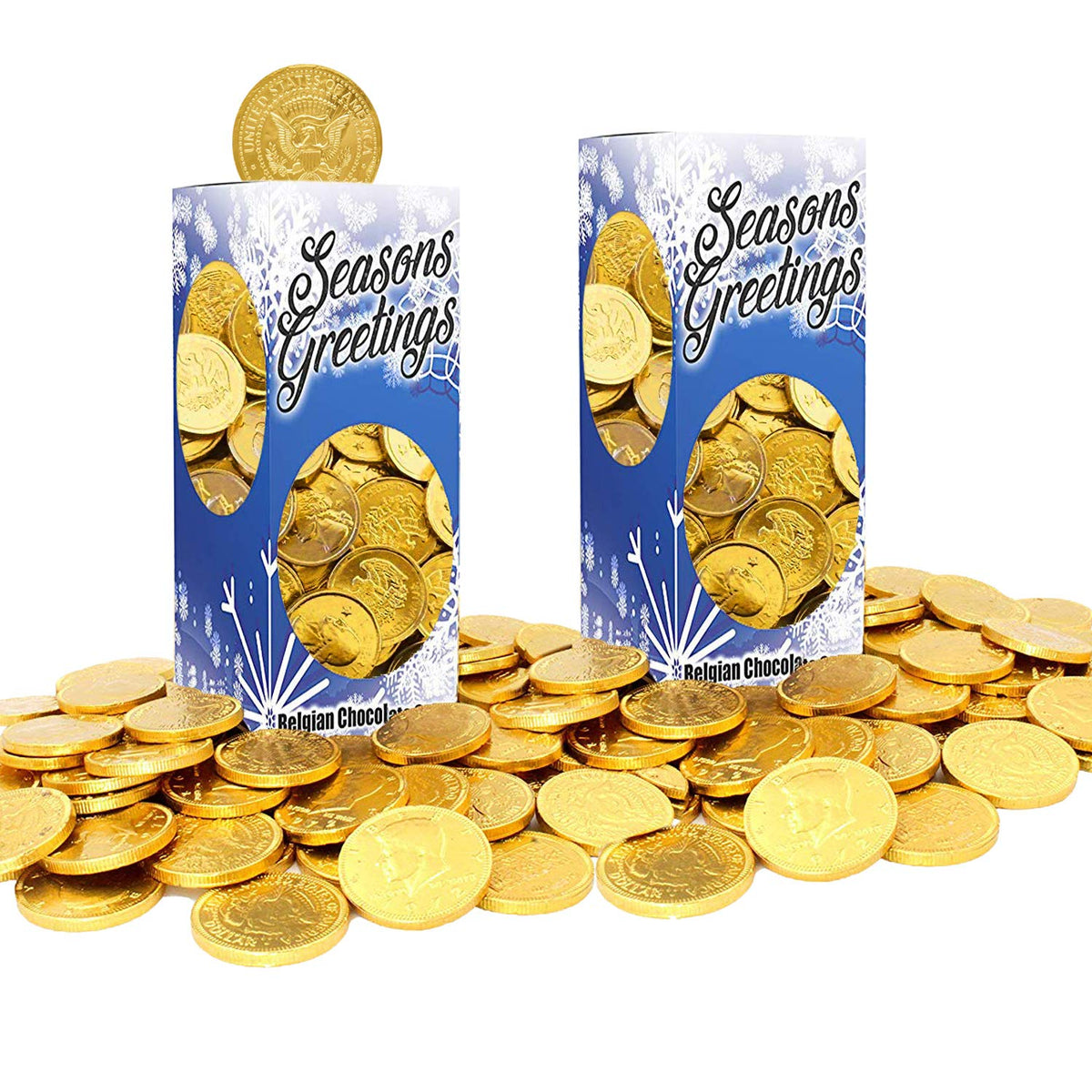 The Dreidel Company Seasons Greetings Milk Chocolate Gold Coins, Stocking Stuffers, Nut-Free, Belgian Milk Chocolate Coins, Kosher Certified Gelt (2