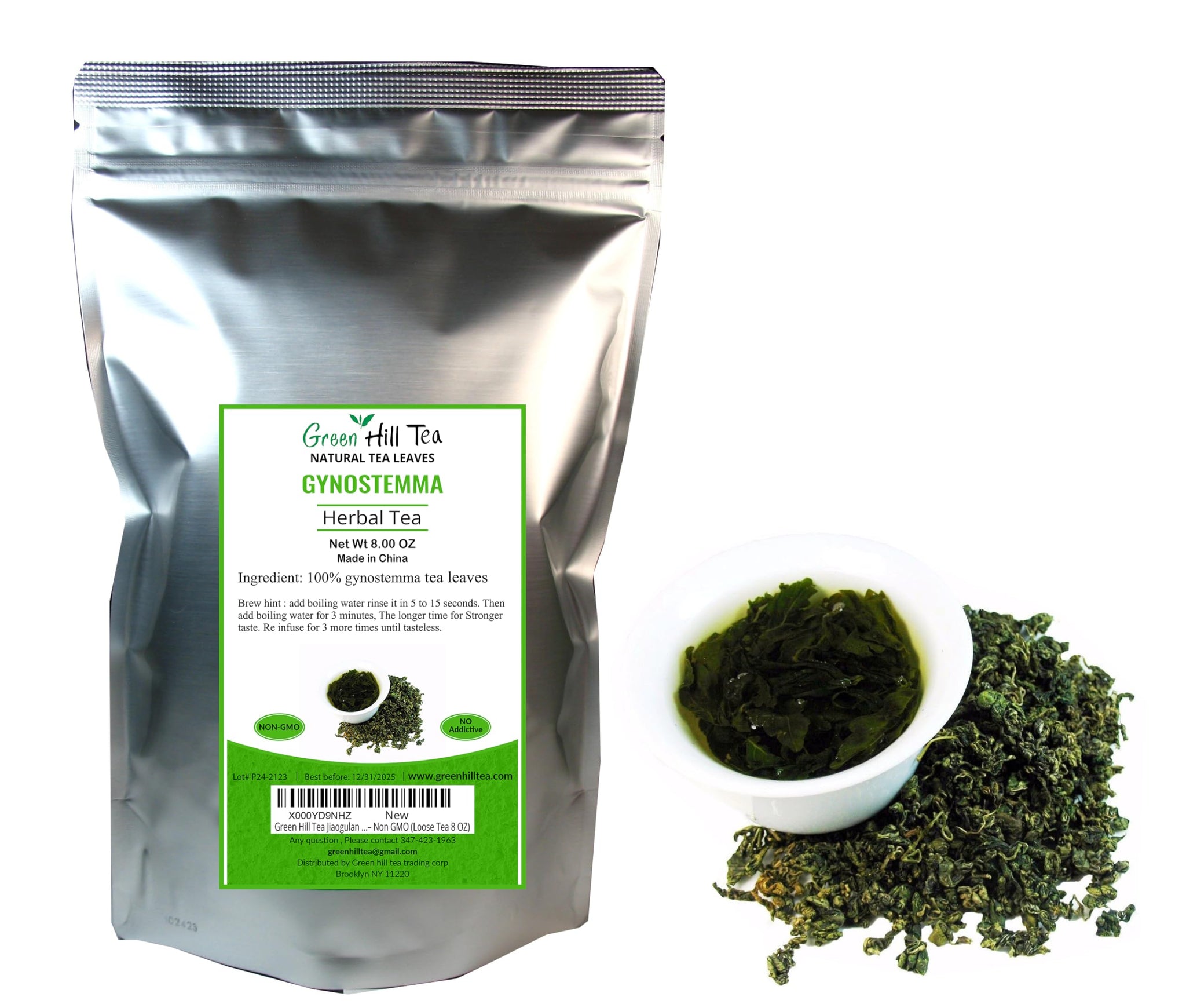 Green Hill Tea Jiaogulan Loose Leaf Tea - Caffeine-Free Ginseng Variety - Pure Gynostemma Herbal Tea - Non GMO ziplock bag 8 OZ