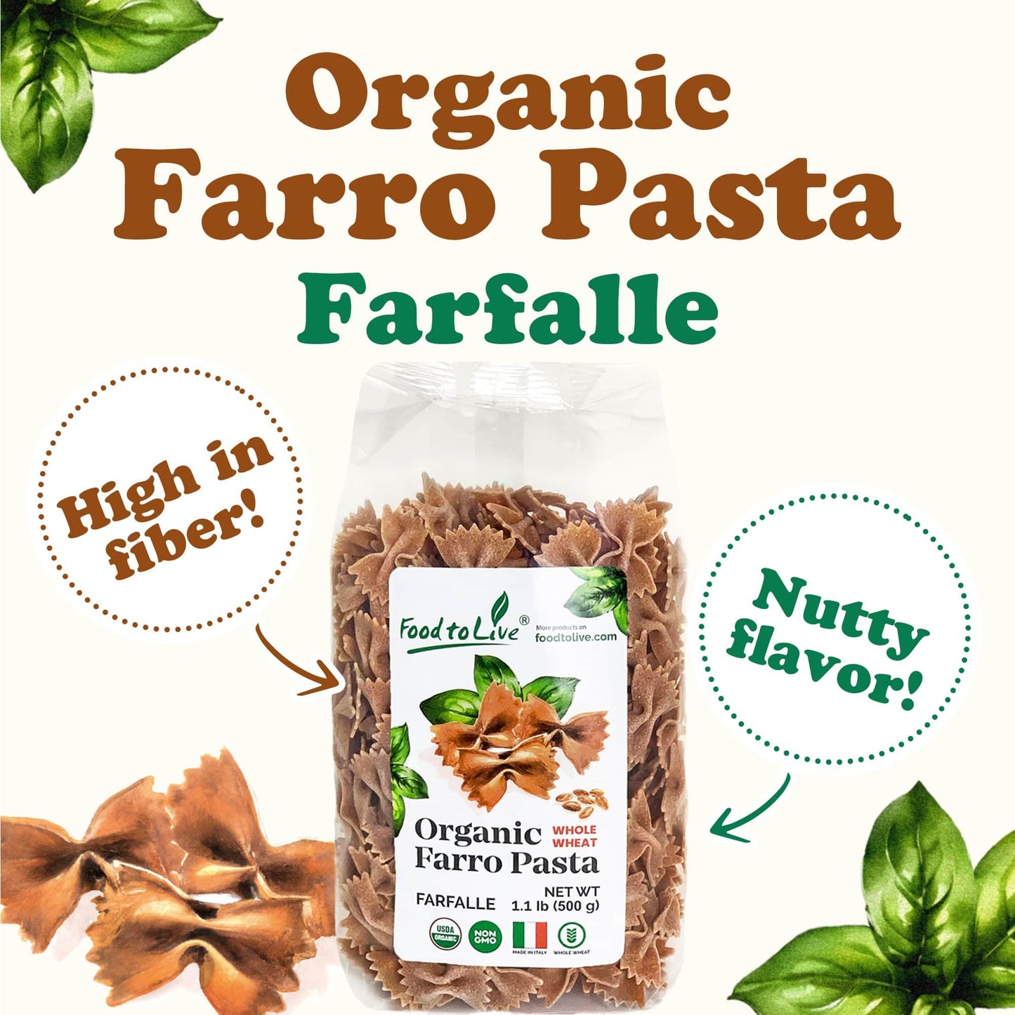 Food to Live - Organic Farro Farfalle Pasta, 1.1 lb (Pack of 4) - Italian Whole Wheat and Non-GMO Bow-tie Pasta, Single Ingredient, No Additives