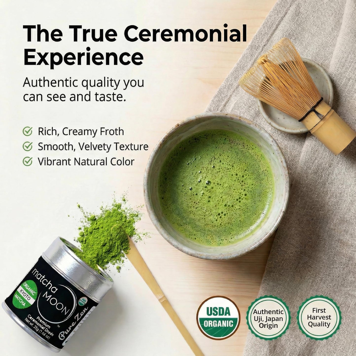 Matcha Moon Pure Zen Ceremonial Grade Matcha Powder | Premium USDA Organic Traditional Japanese Green Tea | First Harvest Uji Kyoto Sourced Tea Powder