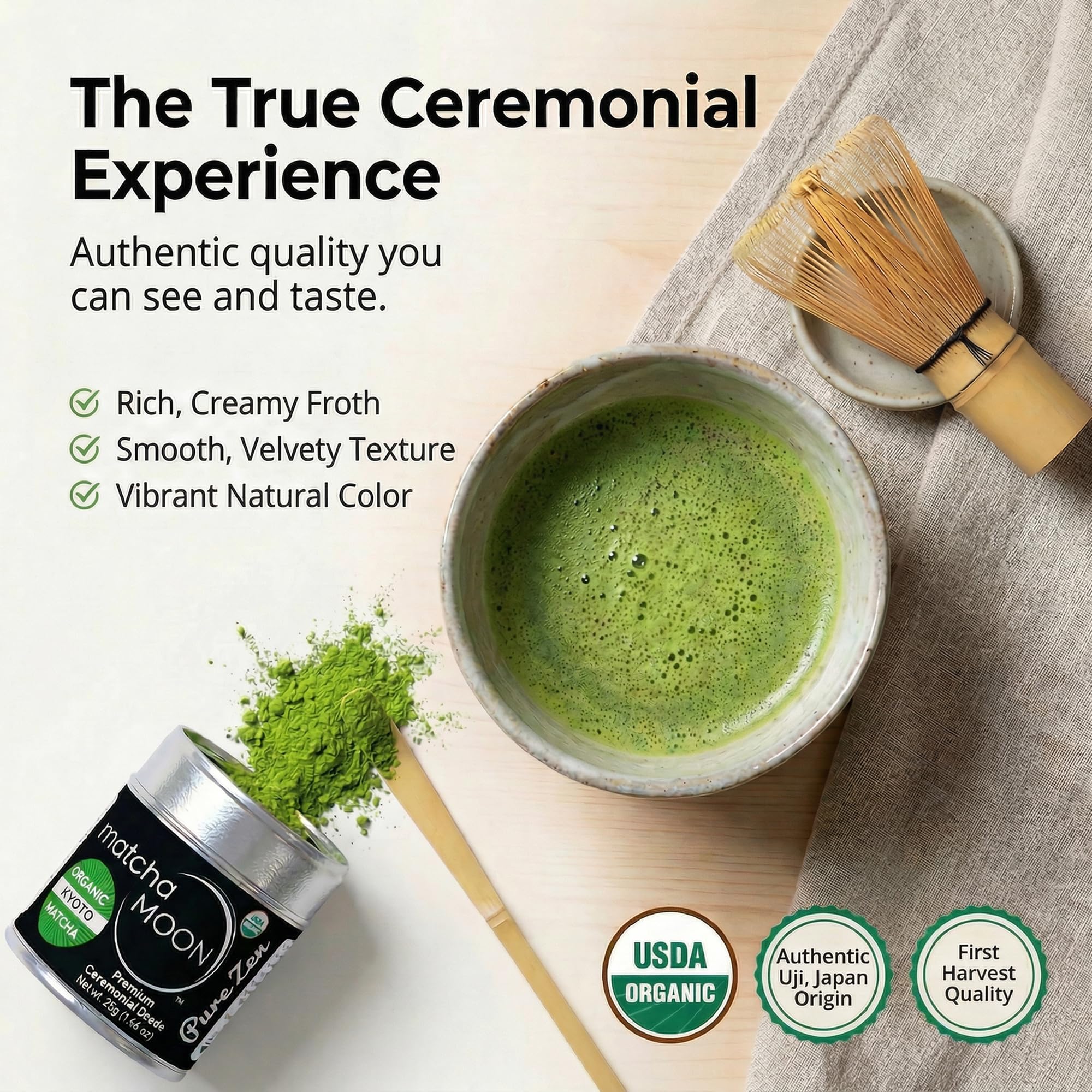 Matcha Moon Pure Zen Ceremonial Grade Matcha Powder | Premium USDA Organic Traditional Japanese Green Tea | First Harvest Uji Kyoto Sourced Tea Powder