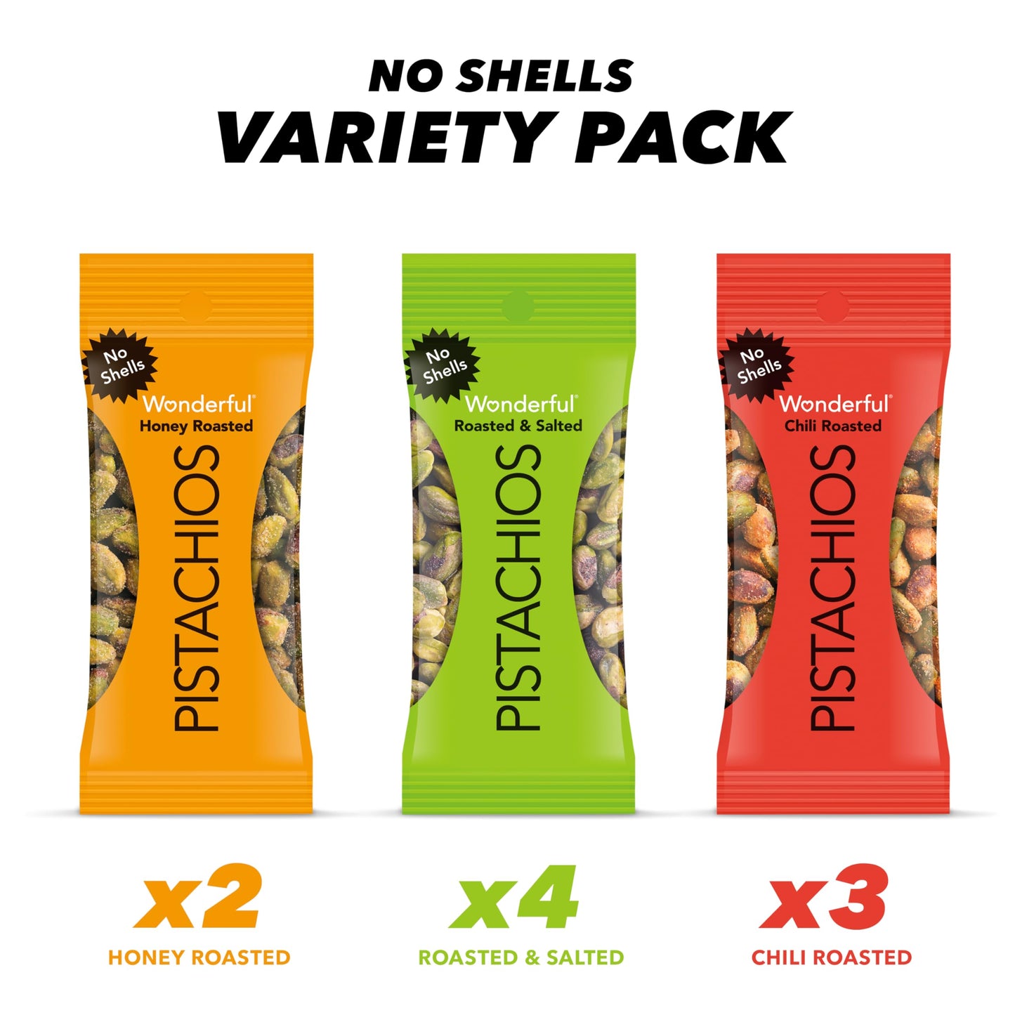 Wonderful Pistachios No Shells, 3 Flavors Mixed Variety Pack of 9 (0.75 Ounce), Roasted & Salted Nuts (4), Chili (3), Honey (2), Protein Snacks